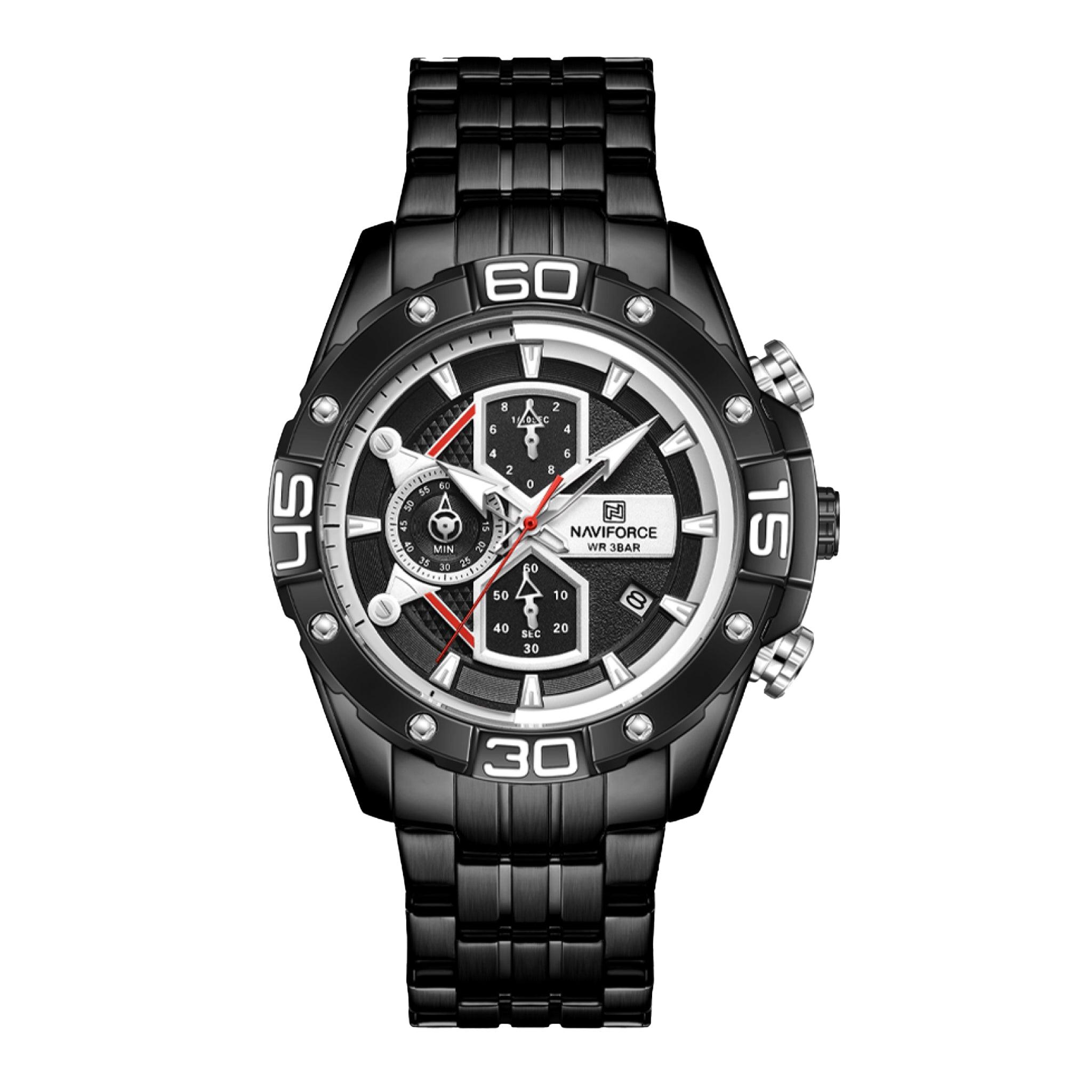 ساعة رجاليه ستانلس ستيل نافي فورس Naviforce Sport Watches For Men Military Quartz Stainless Steel Chronograph Wristwatch Nf8018