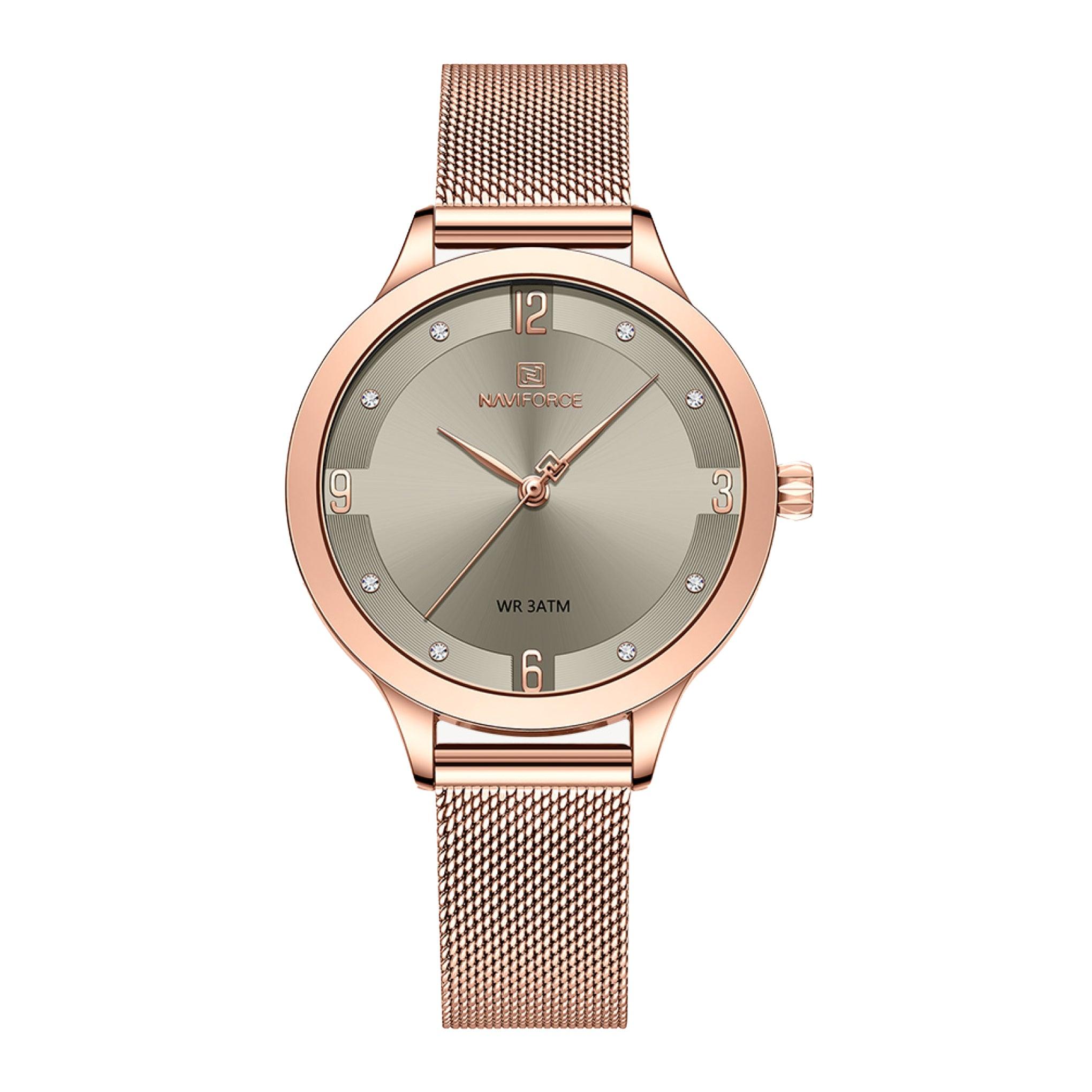 ساعة نسائية ستانلس ستيل نافيفورس Naviforce Women's Fashion Quartz Grey Dial Rose Stainless Steel Watch Nf5023