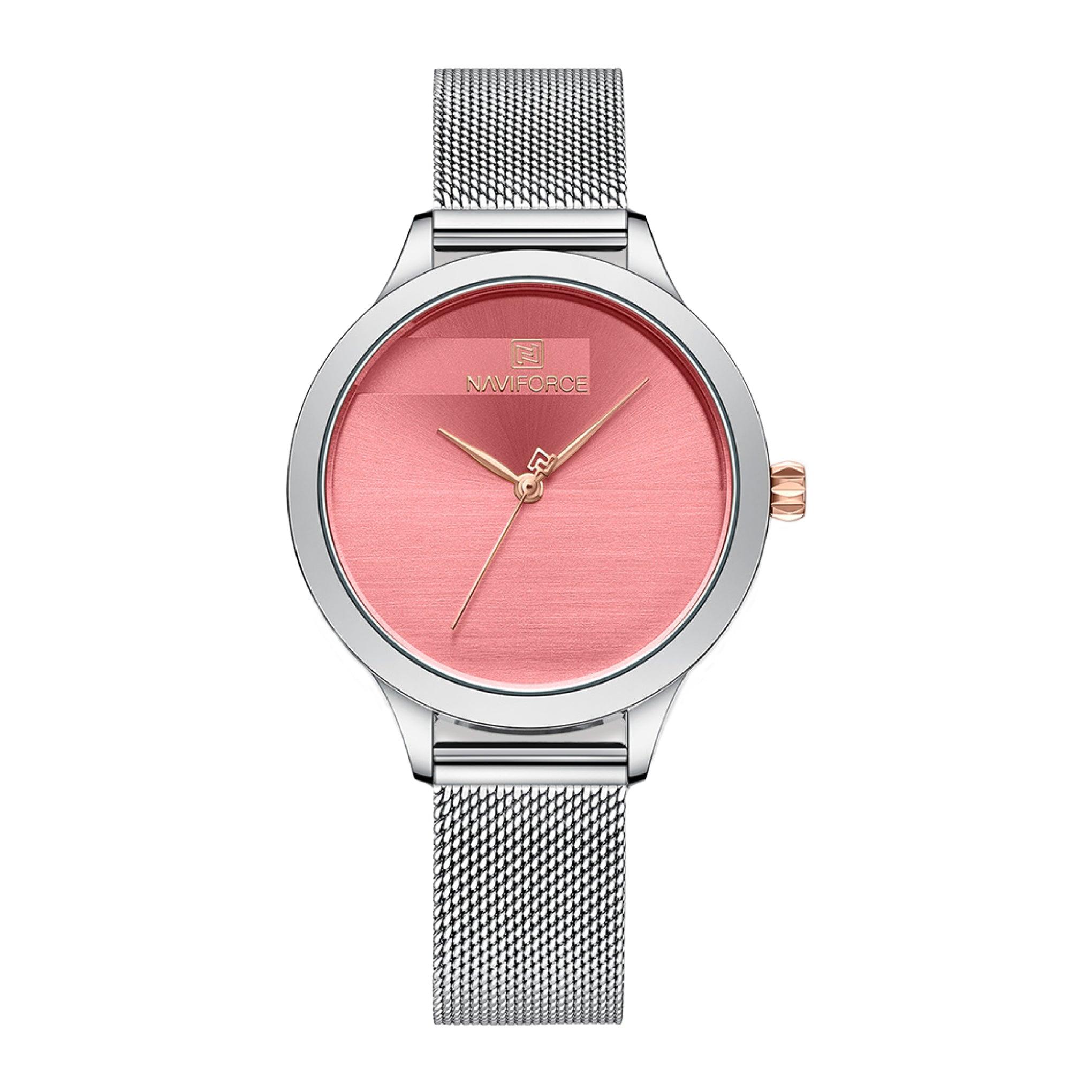 ساعة نسائية ستانلس ستيل نافيفورس Naviforce Women's Quartz Luxury Stainless Steel Band Pink Dial Watches Nf5027