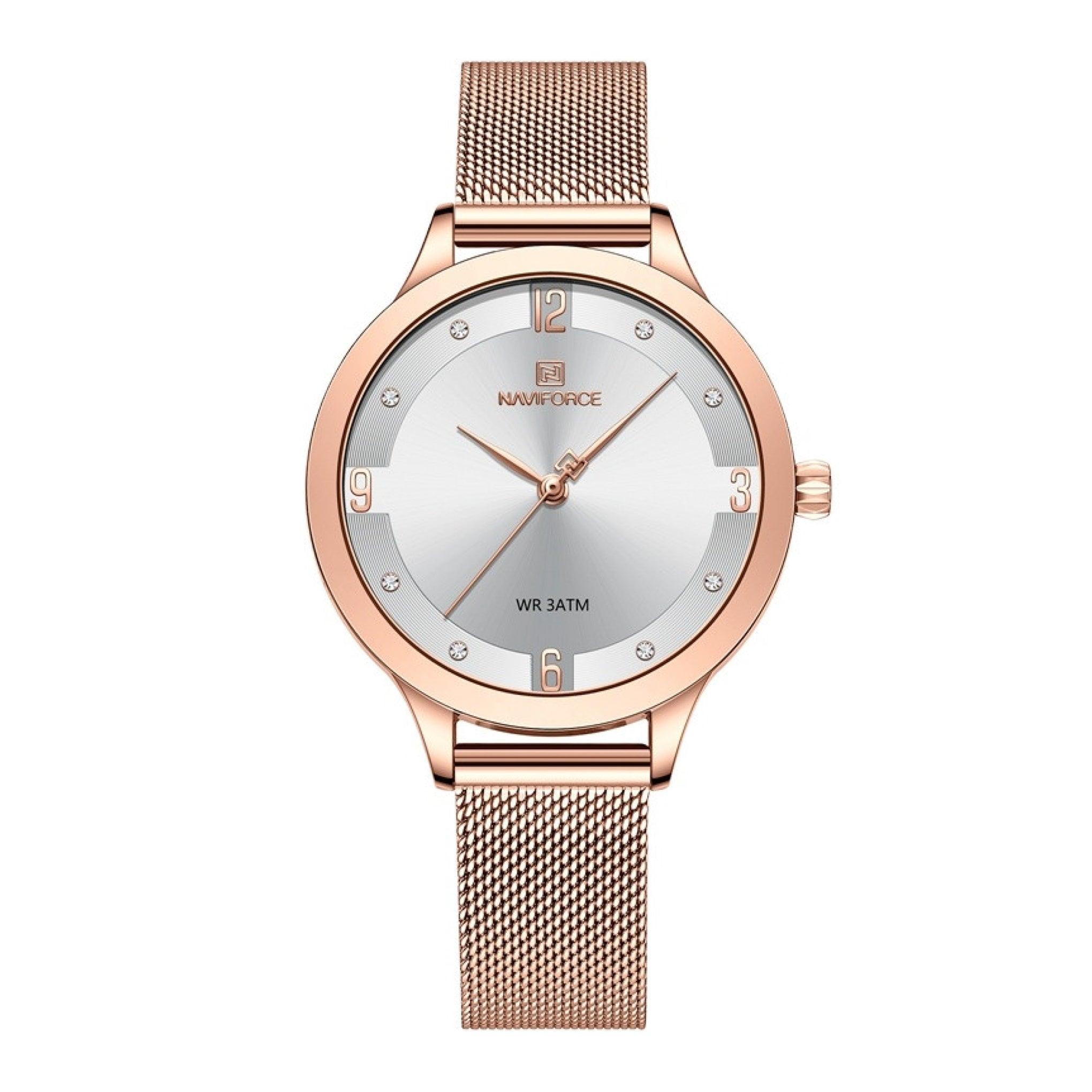 ساعة نسائية ستانلس ستيل نافيفورس Naviforce Women's Quartz Rose Gold Silver Dial Elegant Waterproof Wristwatch Nf5023