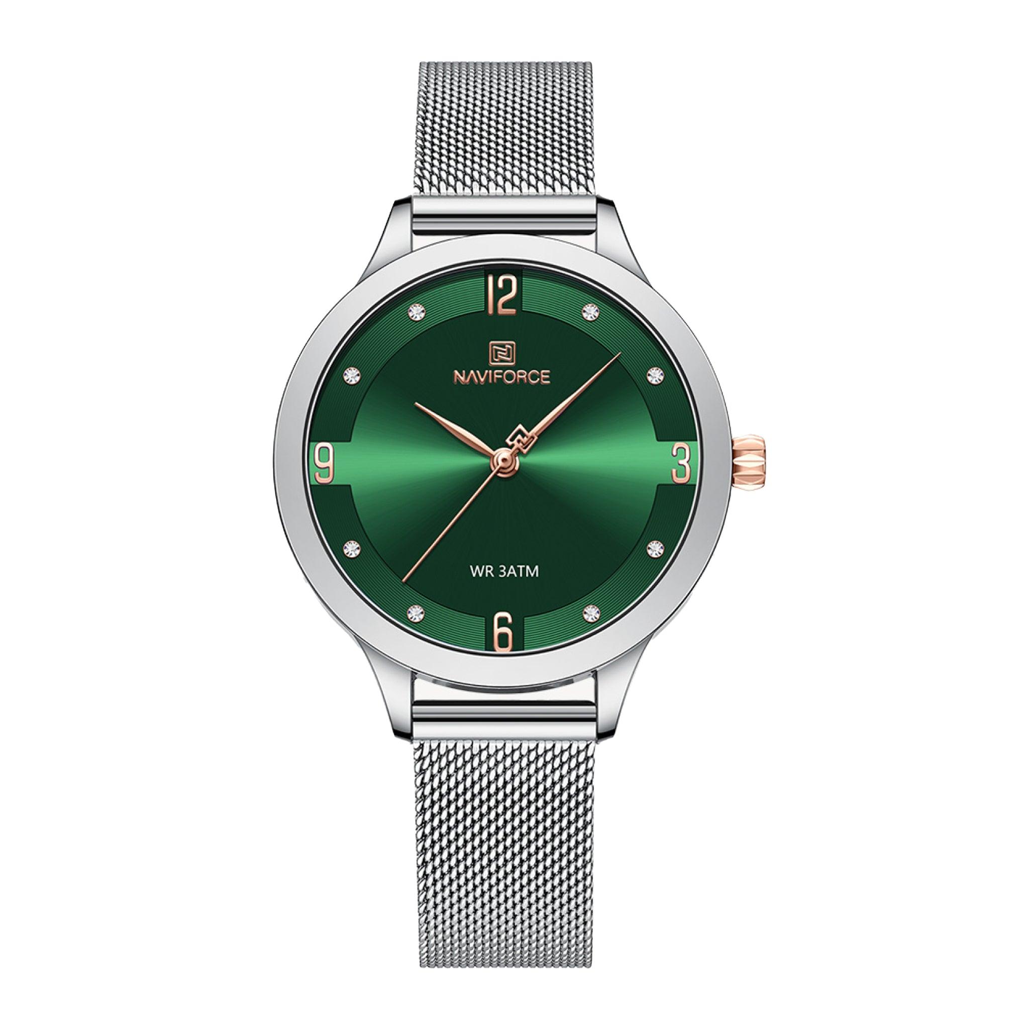 ساعة نسائية ستانلس ستيل فضي أخضر نافيفورس Naviforce Women's Quartz Watches Silver Green Dial Elegant Waterproof Wristwatch Nf5023