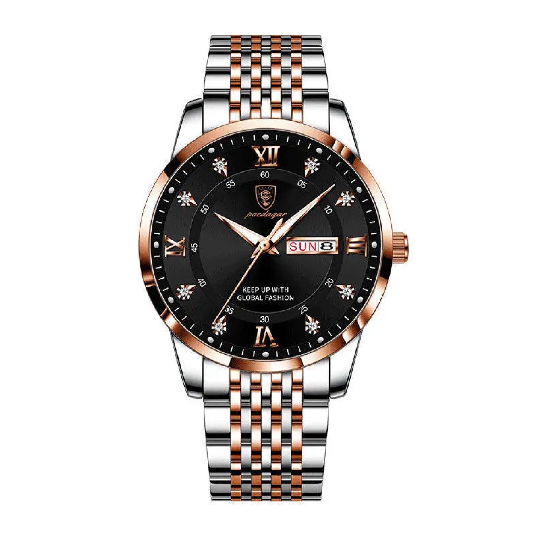 ساعة رجاليه ستانلس ستيل بويدغار Poedagar Men's Analog Quartz Silver & Rose Gold Stainless Steel Band Watch - 836rgbks