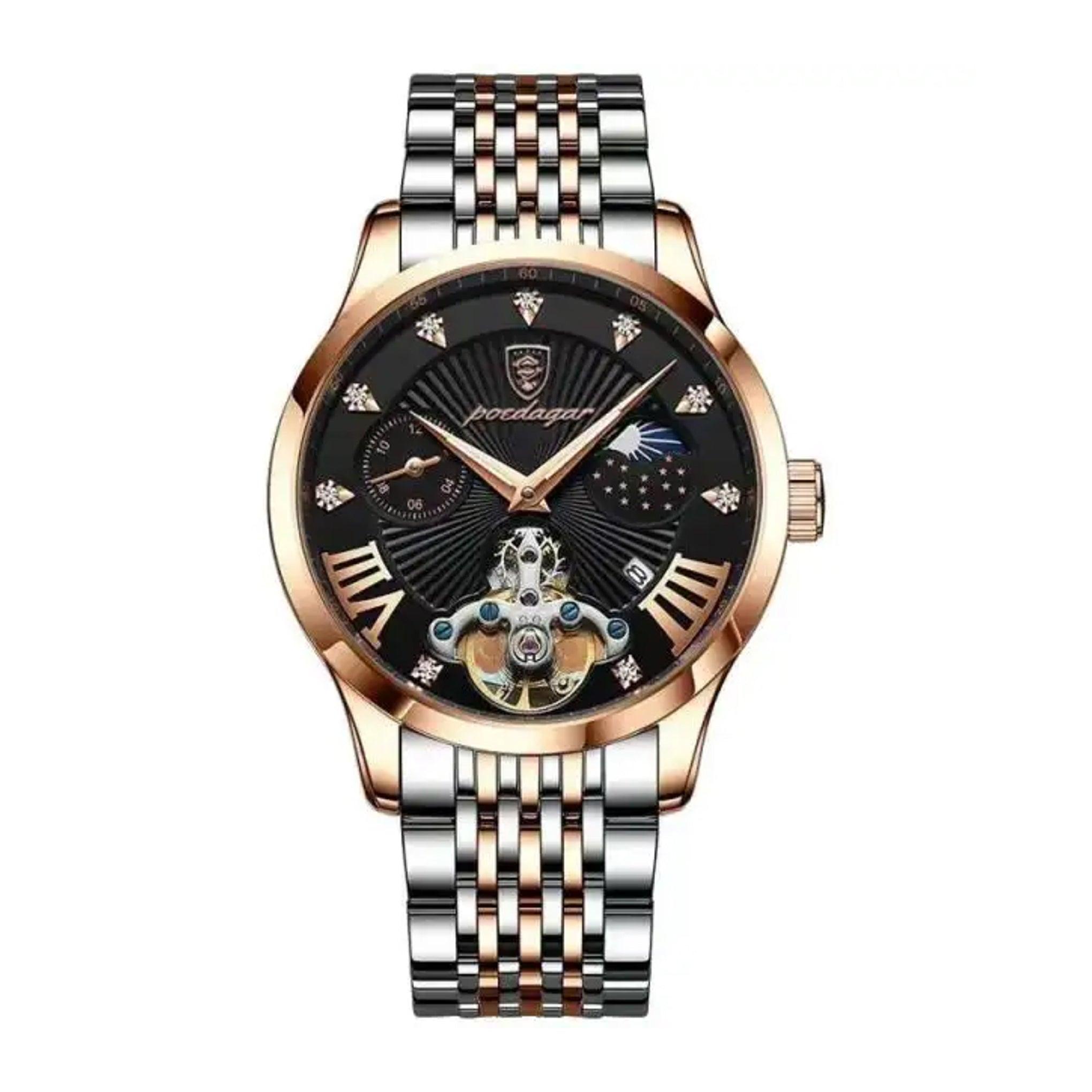 ساعة رجاليه ستانلس ستيل بويدغار Poedagar Men's Analog Quartz Silver & Rose Gold Stainless Steel Watch - 906rgbks