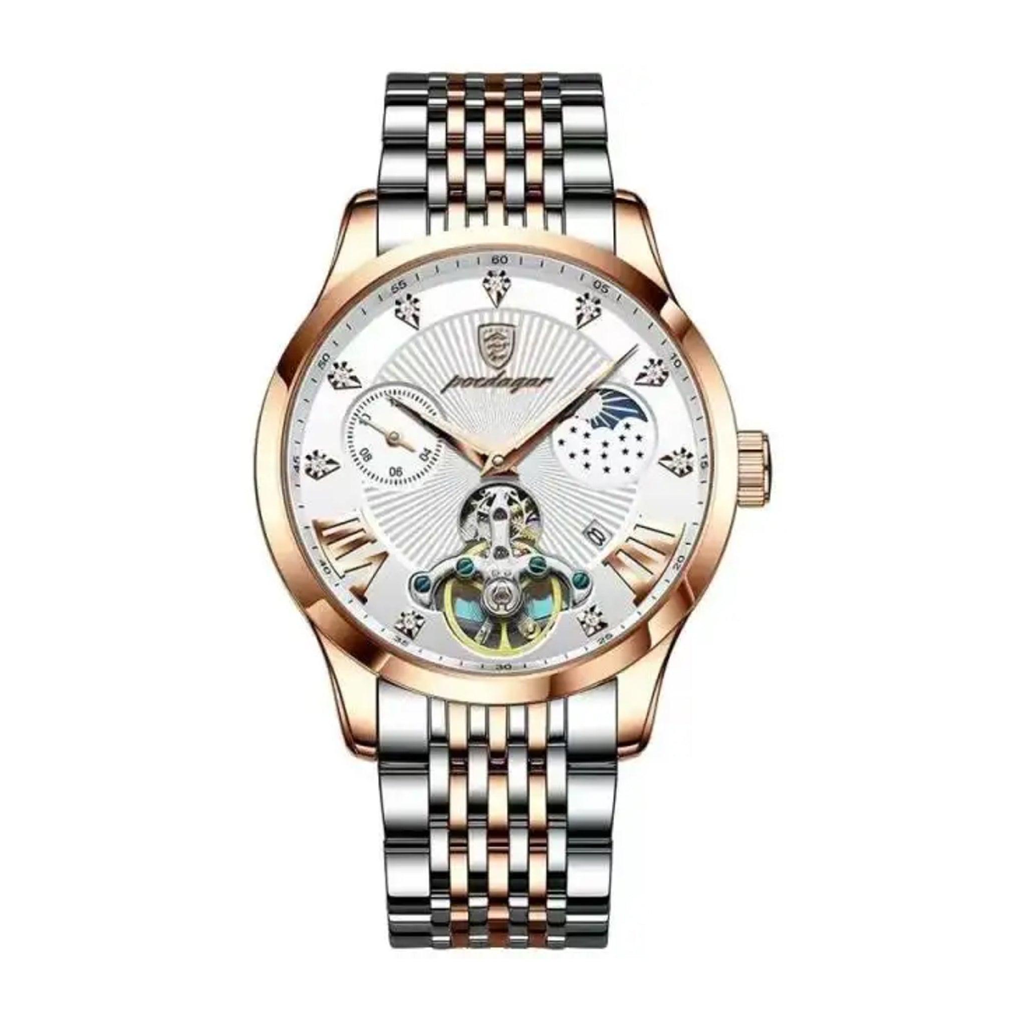 ساعة رجاليه ستانلس ستيل بويدغار Poedagar Men's Analog Quartz Silver & Rose Gold Stainless Steel Watch - 906rgwhs