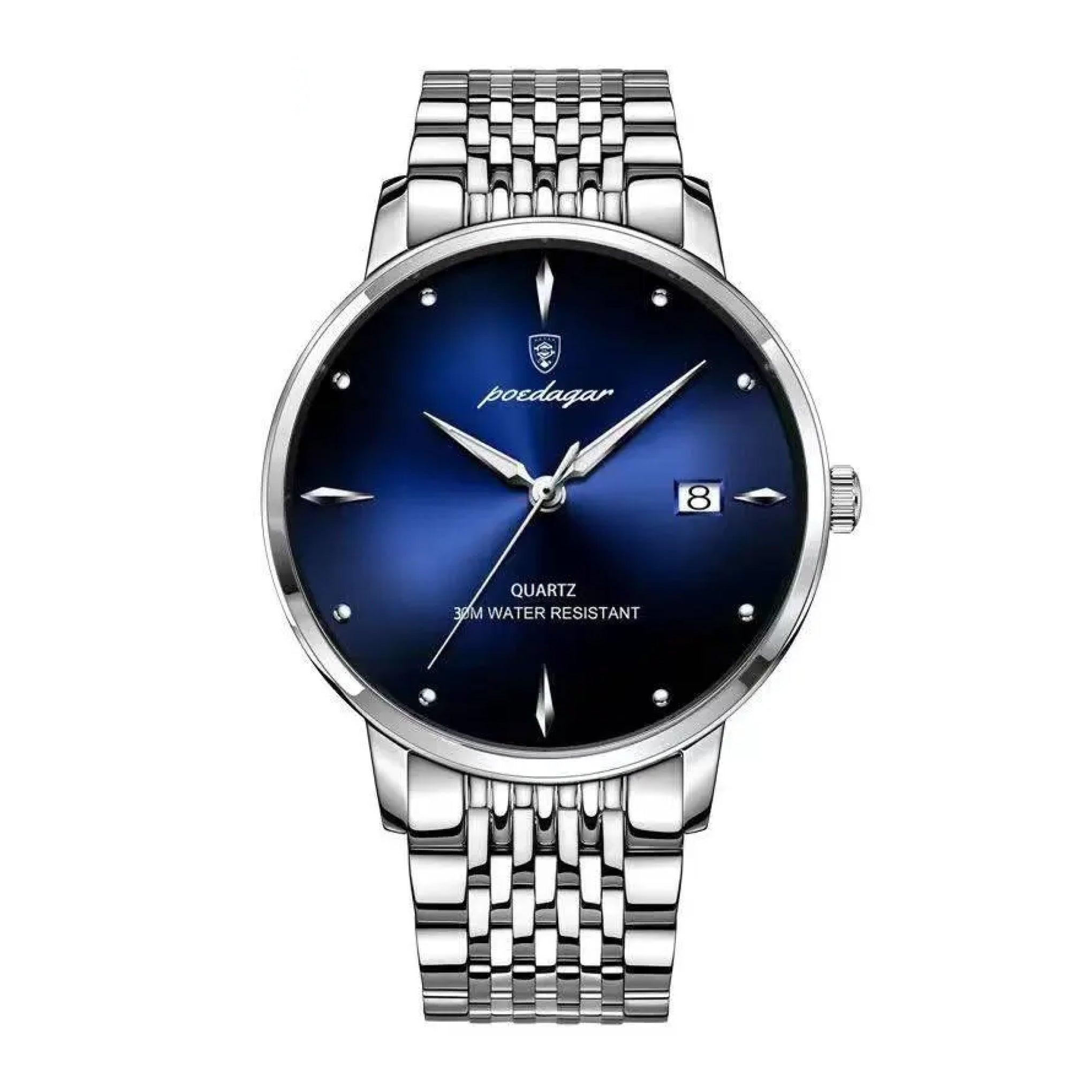 ساعة رجاليه ستانلس ستيل بويدغار Poedagar Men's Analog Quartz Silver Stainless Steel Band Blue Dial Watch - 868slbusp