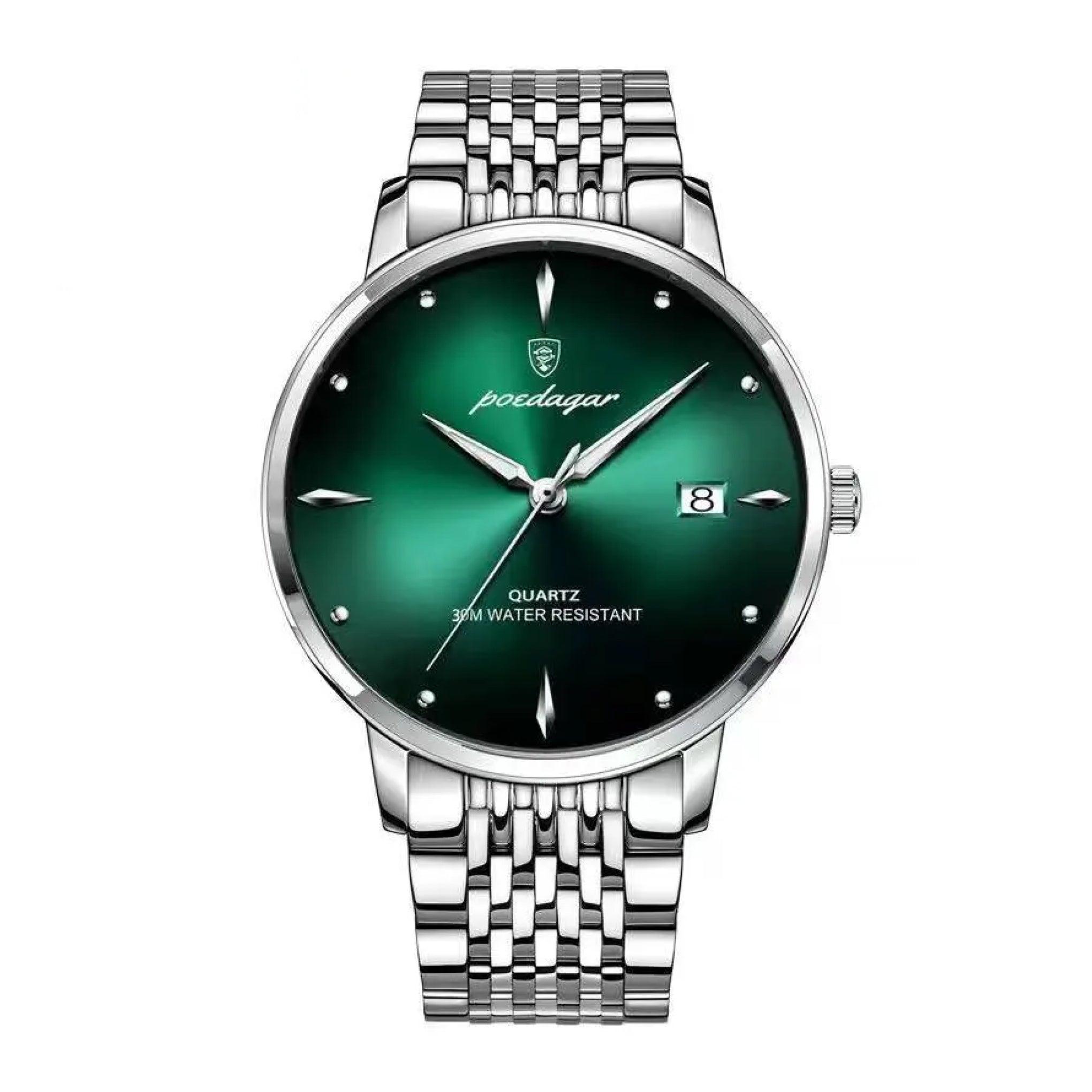 ساعة رجاليه ستانلس ستيل بويدغار Poedagar Men's Analog Quartz Silver Stainless Steel Band Green Dial Watch - 868slgnsp