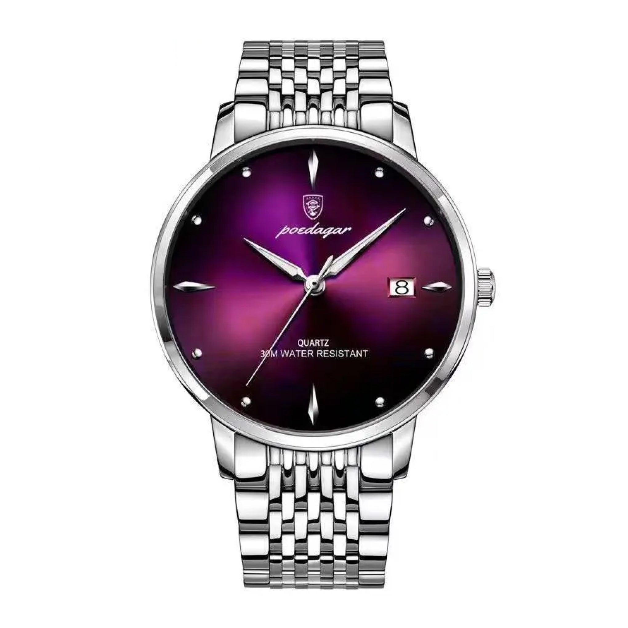 ساعة رجاليه ستانلس ستيل بويدغار PoedagarPoedagar Men's Analog Quartz Silver Stainless Steel Band Purple Dial Watch - 868slpusp