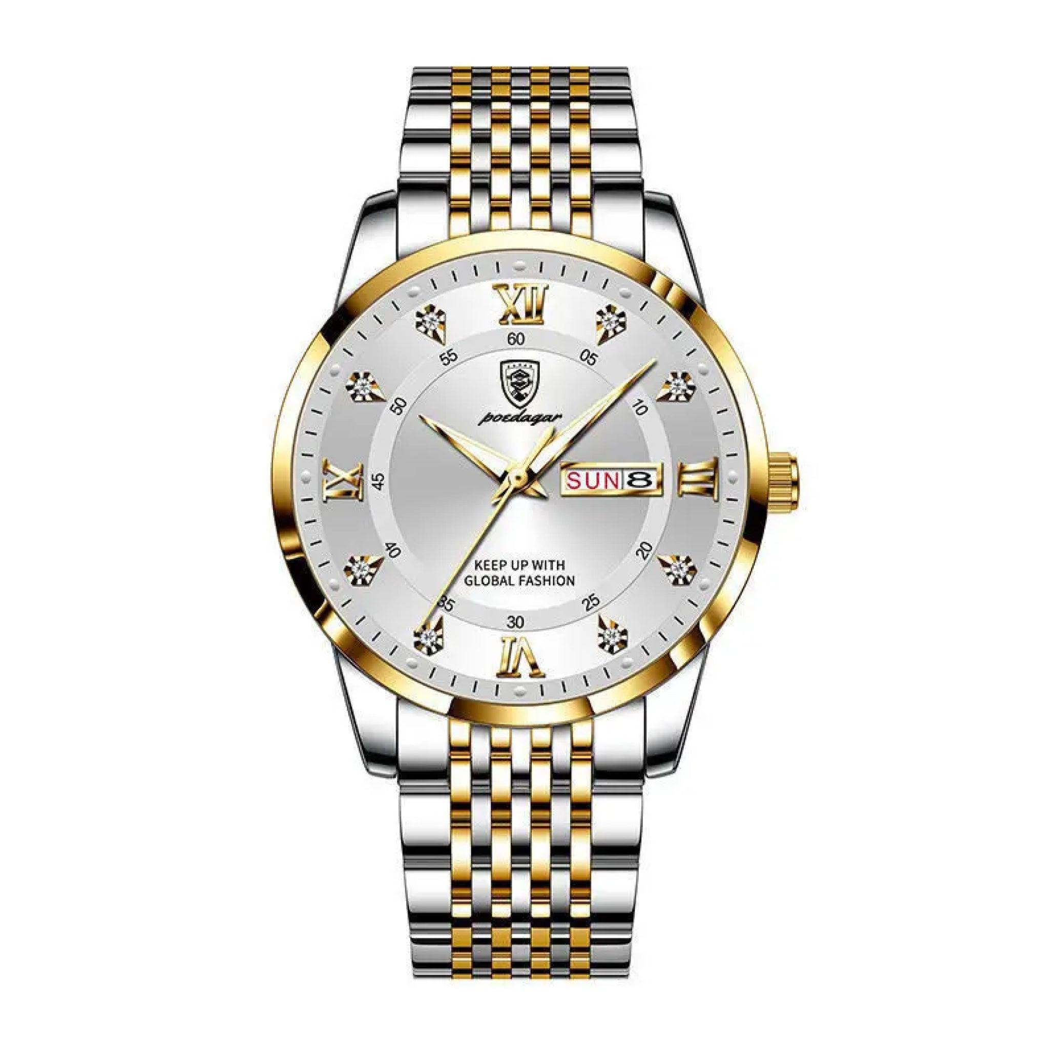 Poedagar Men's Analog Quartz Two Tone Stainless Steel Band White Dial Watch - 836gdwhs