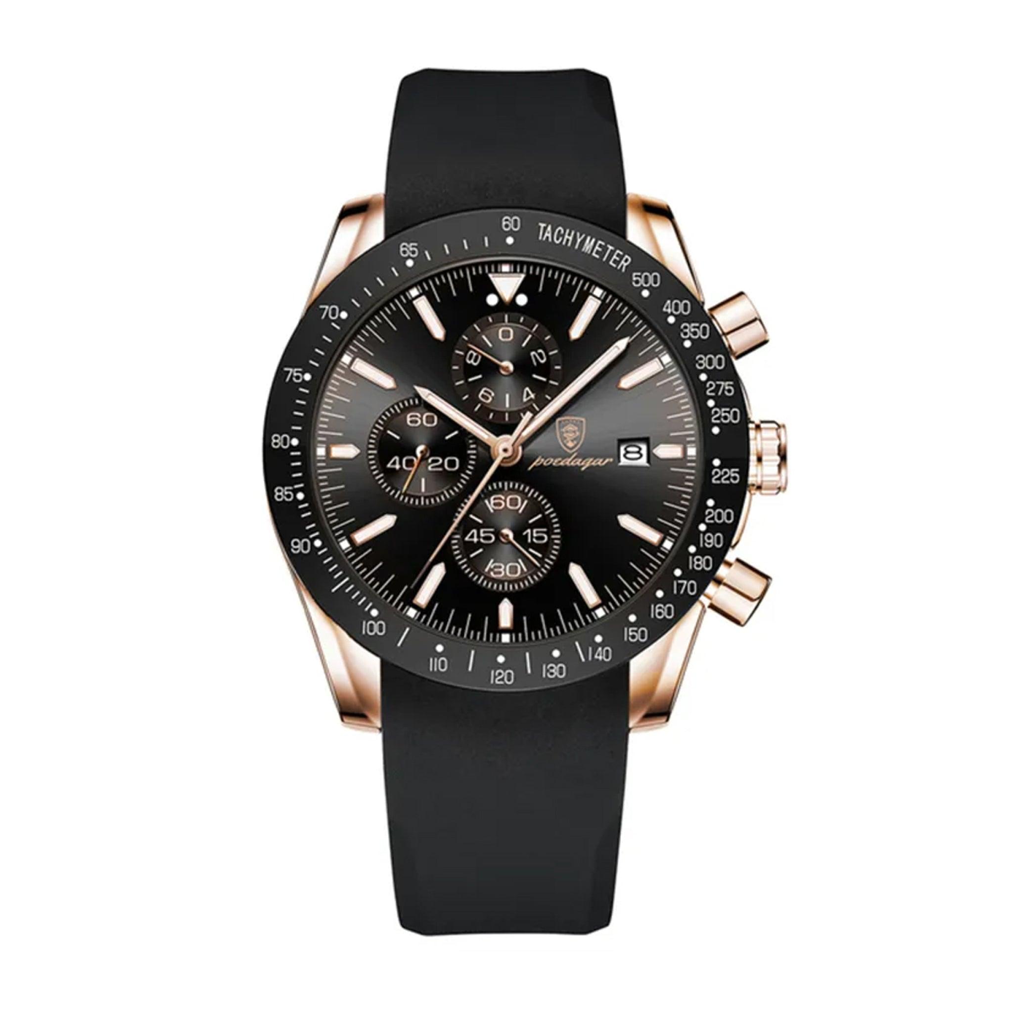 ساعة رجاليه سوار سيلكون أسود بويدغار Poedagar Men's Chronograph Date Luminous Waterproof Black Dial Watch - 988gdbkc