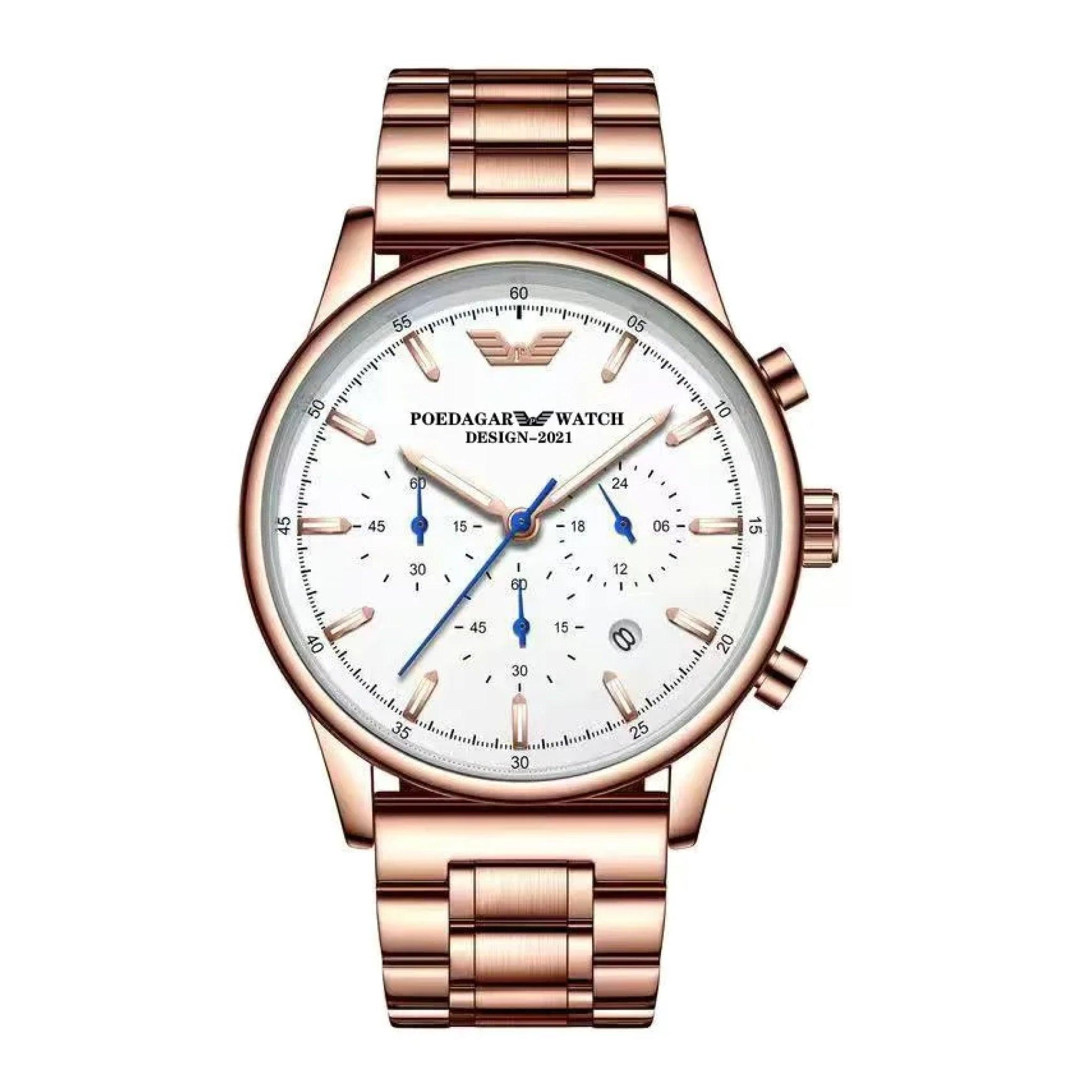 Poedagar Men's Chronograph Rose Gold Stainless Steel White Dial Watch - 638rgwhs