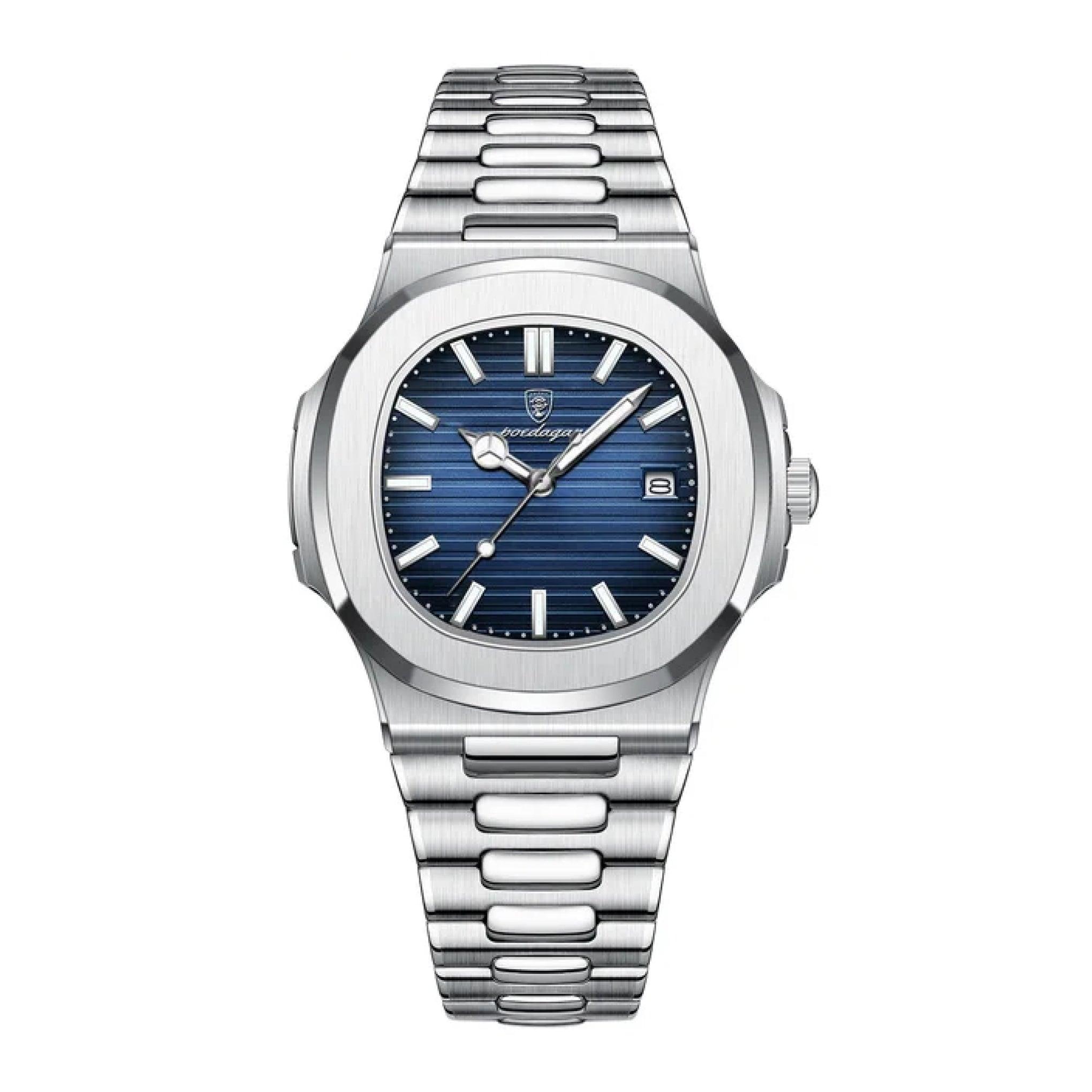 Poedagar Men's Luminous Analog Quartz Stainless Steel Band Blue Dial Wristwatch - 613slbus