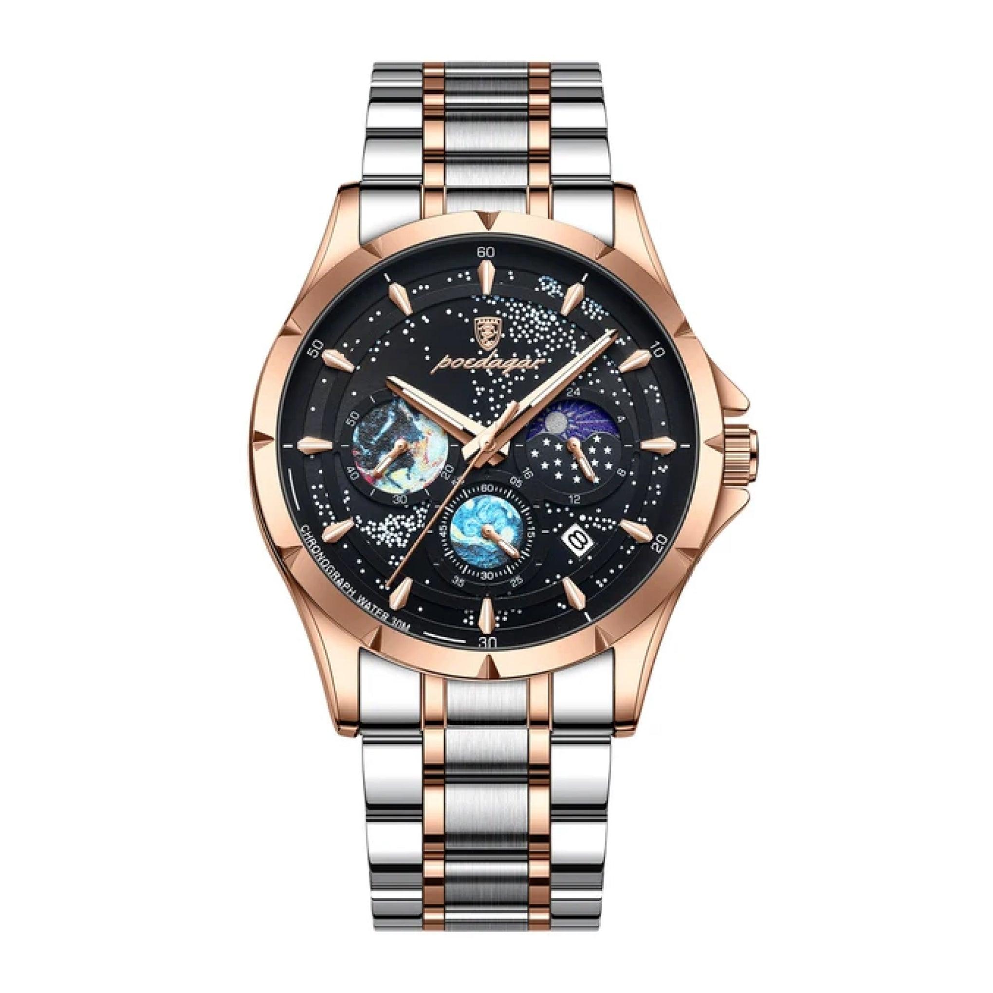 ساعة رجاليه ستانلس ستيل بويدغار Poedagar Men's Luminous Chronograph Two Tone Stainless Steel Quartz Watch - 916rgbks