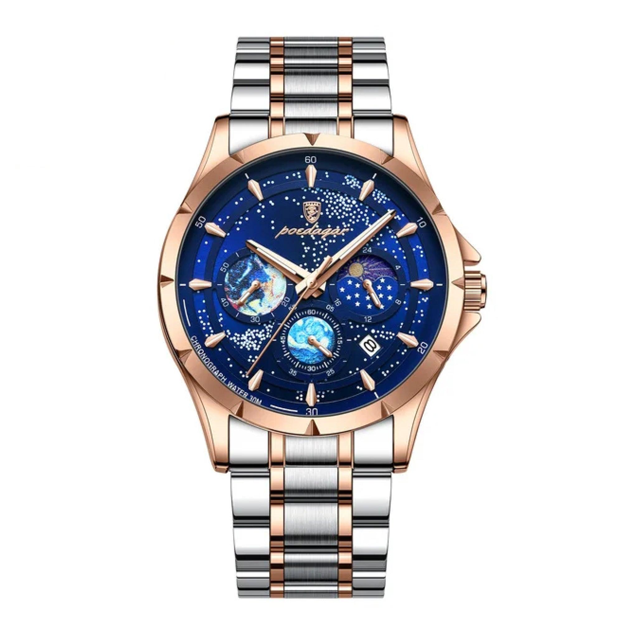 ساعة رجاليه ستانلس ستيل بويدغار Poedagar Men's Luminous Chronograph Two Tone Stainless Steel Quartz Watch - 916rgbus