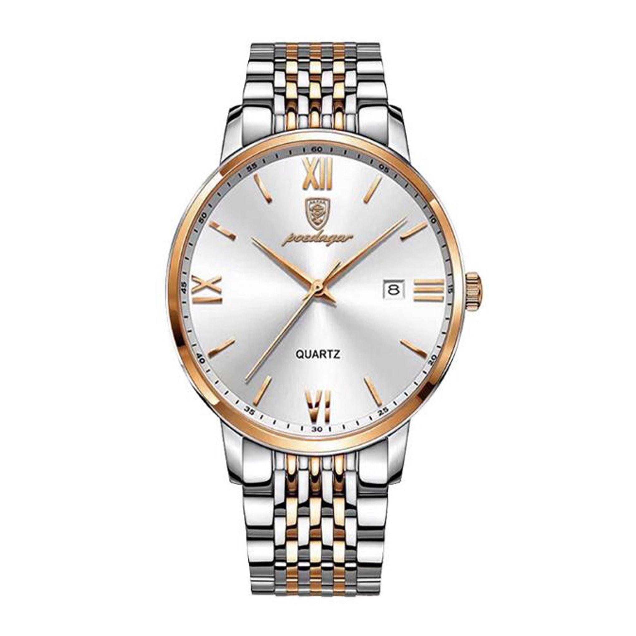 ساعة رجاليه ستانلس ستيل بويدغار Poedagar Men's Quartz Alloy Case And Stainless Steel Band Wristwatch - 826rgwhsp