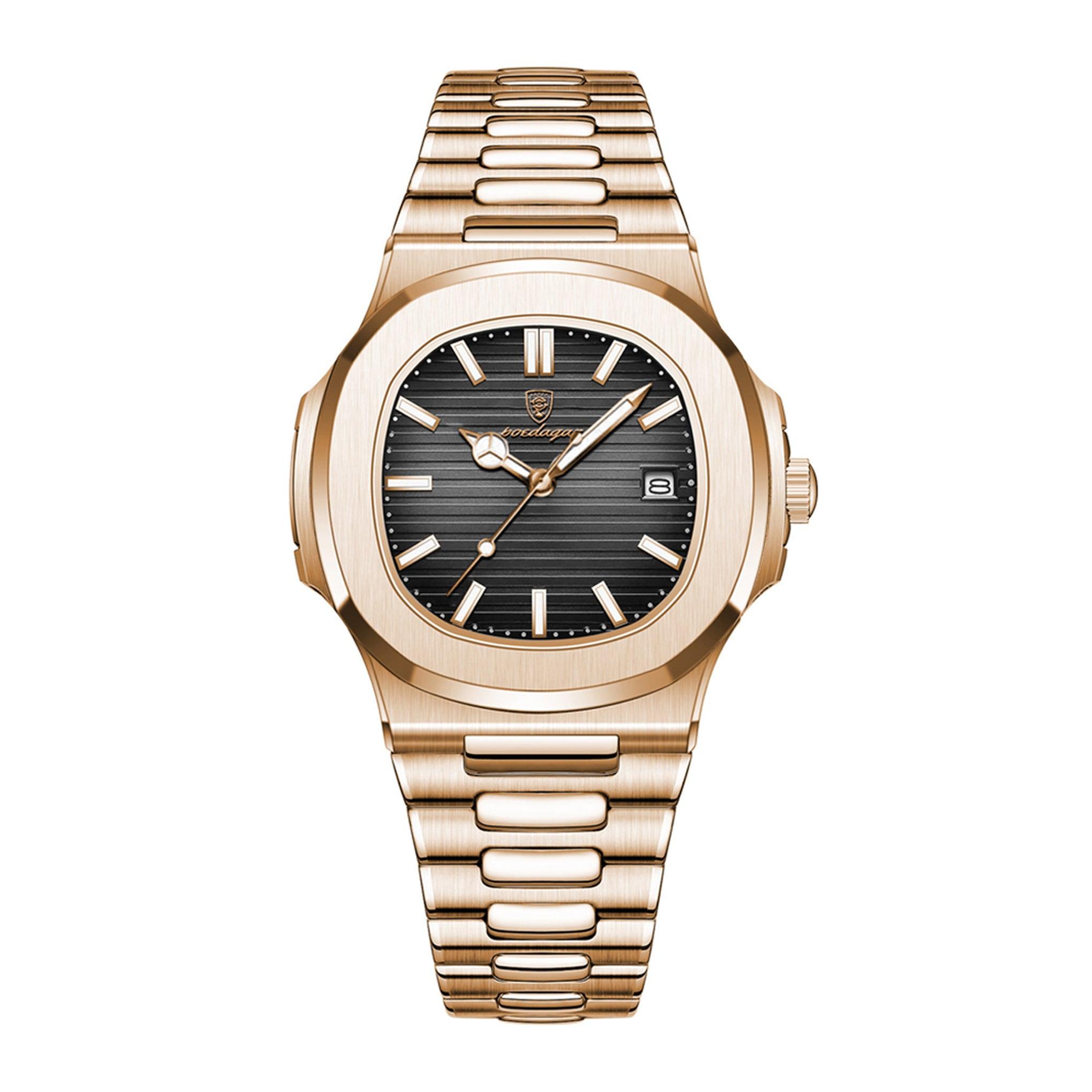 ساعة رجاليه ستانلس ستيل بويدغار Poedagar Men's Quartz Rose Gold Stainless Steel Band Black Dial Wristwatch - 613rgbks