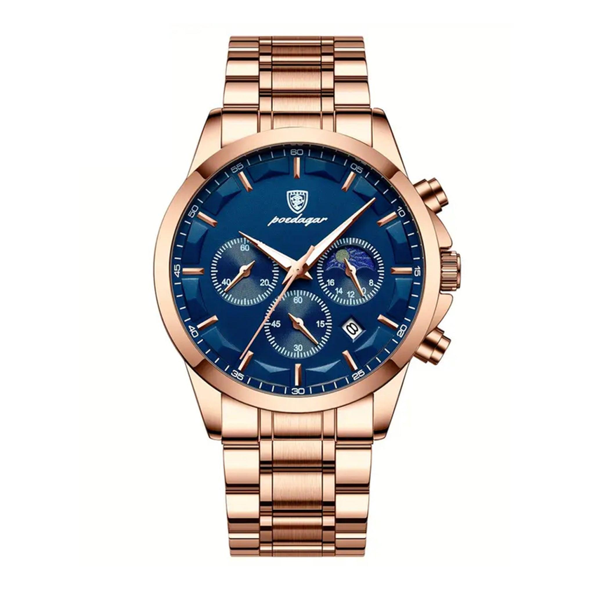 ساعة رجاليه ستانلس ستيل بويدغار Poedagar Men's Quartz Rose Gold Stainless Steel Band Blue Dial Watch - 928rgbus
