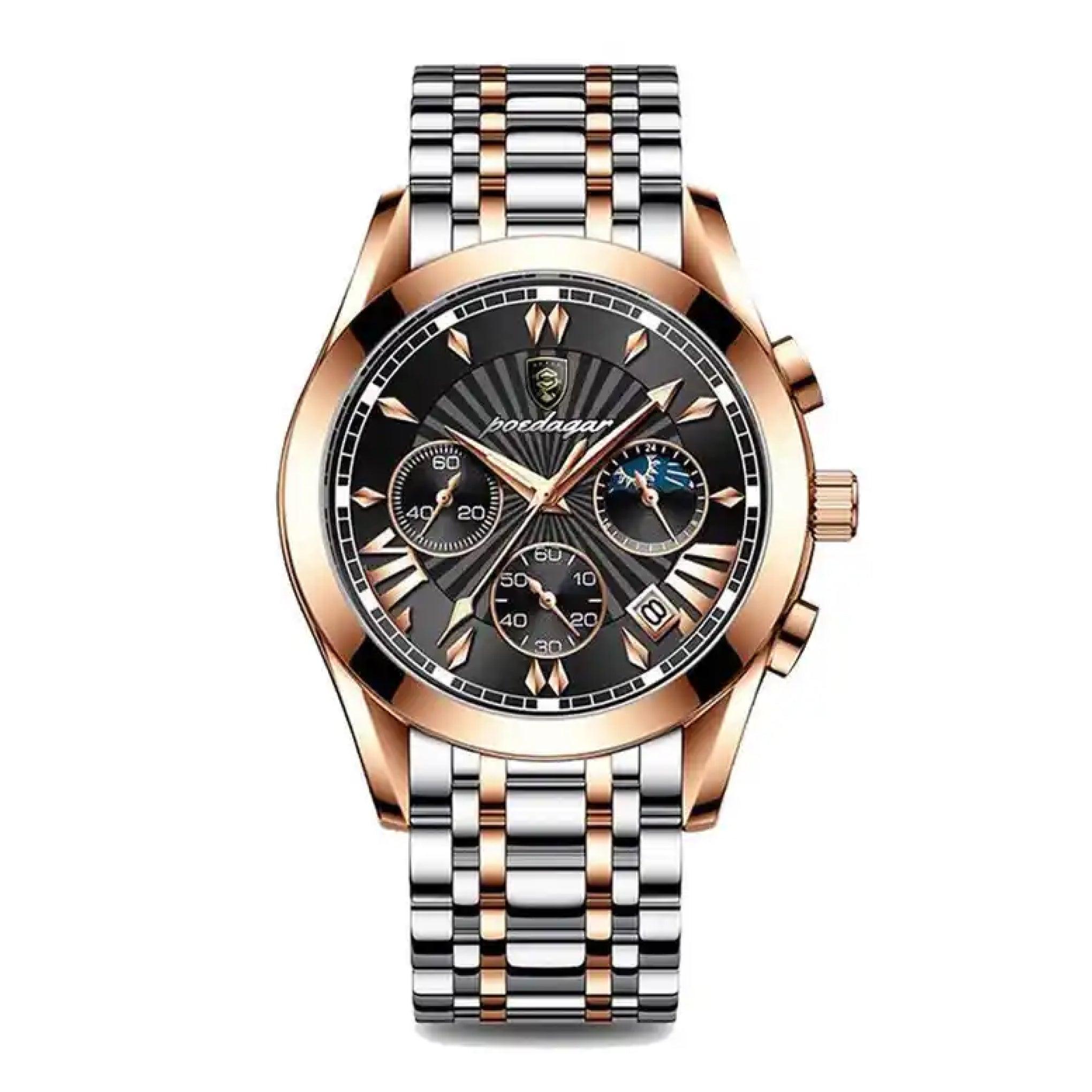 ساعة رجاليه ستانلس ستيل بويدغار Poedagar Men's Quartz Two Tone Stainless Steel Band Black Dial Wristwatch - 619rgbks