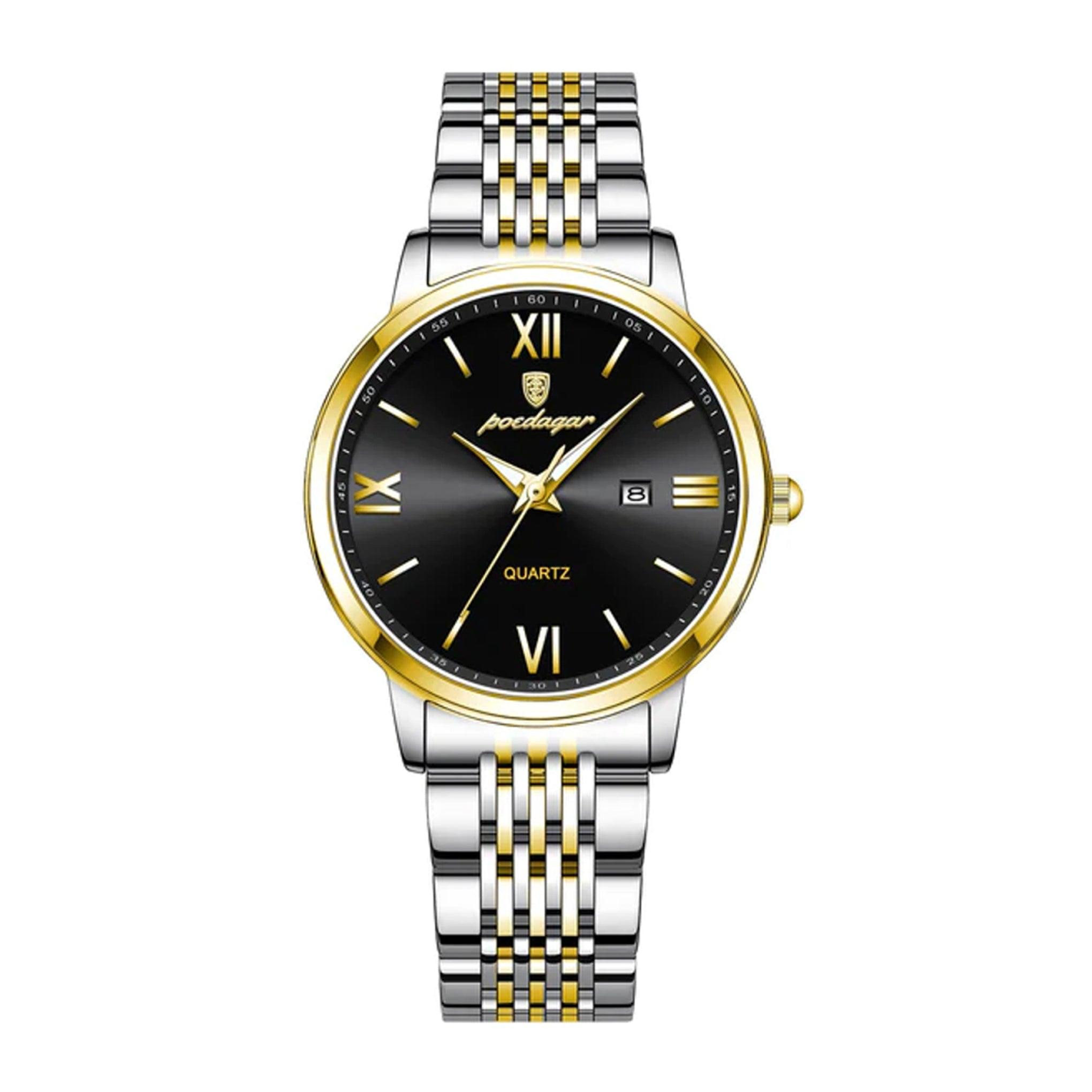 Poedagar Women's Analog Quartz Two Tone Stainless Steel Black Dial Watch - 716gdbk