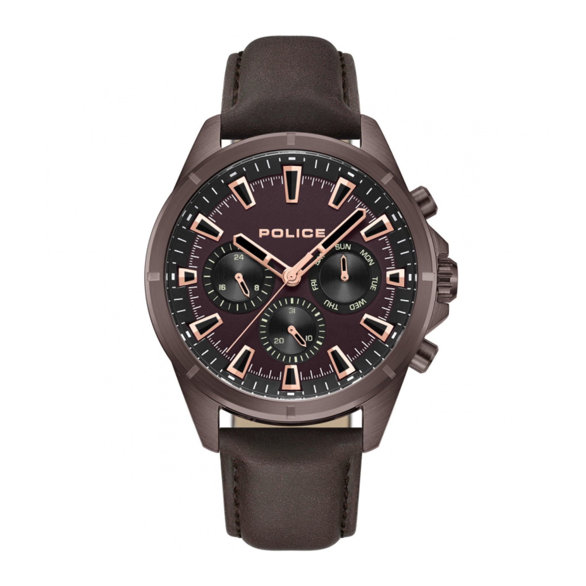 Police Malawi Men's Quartz Brown Leather Band Watch Pewjf0005802