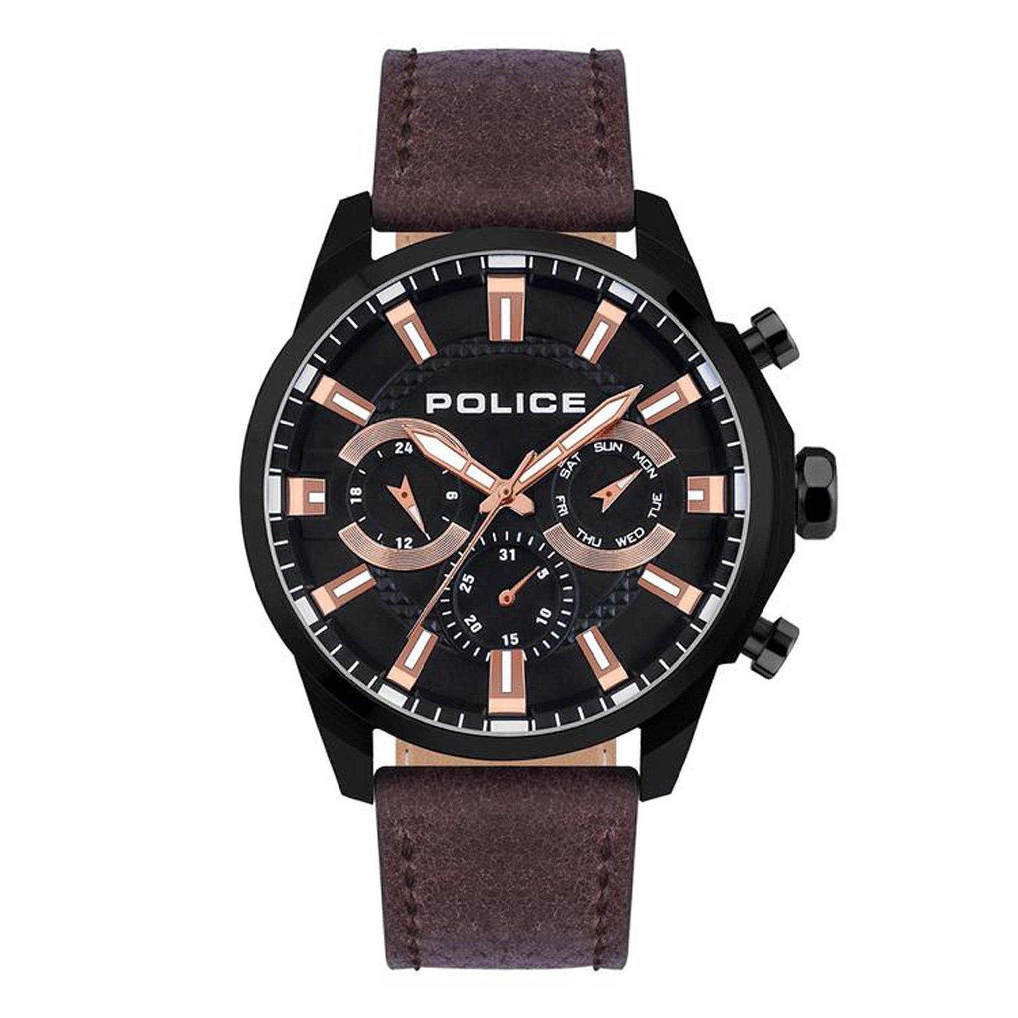 Police Menelik Men's Dark Brown Leather Band Watch Pewjf2204204