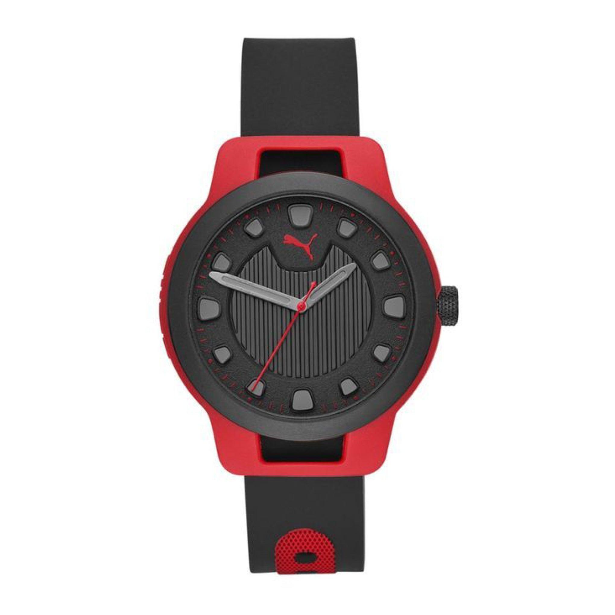 ساعة سيكلون رجالية بهيكل دائري أحمر من بوما Puma Men's Reset Red Round Silicone Watch 43mm - P5001