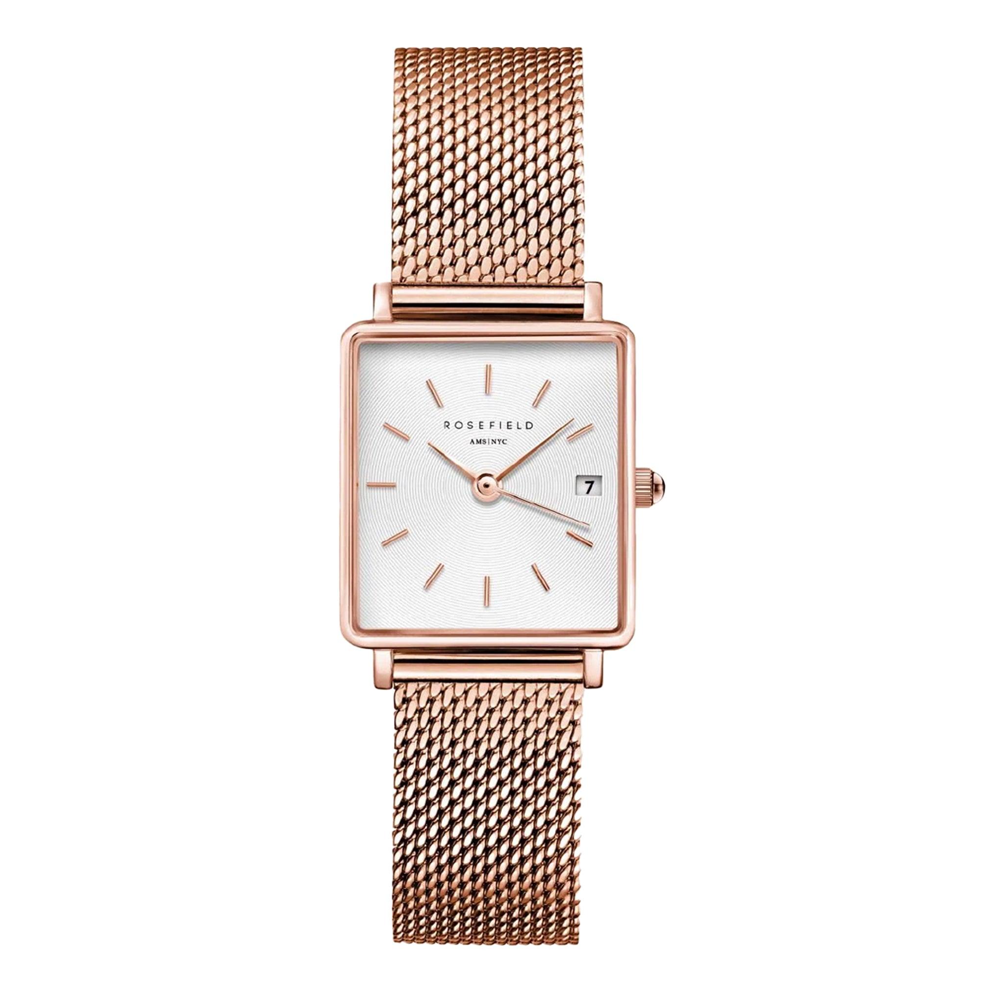 ساعة يد نسائية ذا بوكسي مع ميناء أبيض وحزام ذهبي وردي من روزفيلد Rosefield Womens Boxy Xs Rose Gold Mesh Qmwmrg-Q040