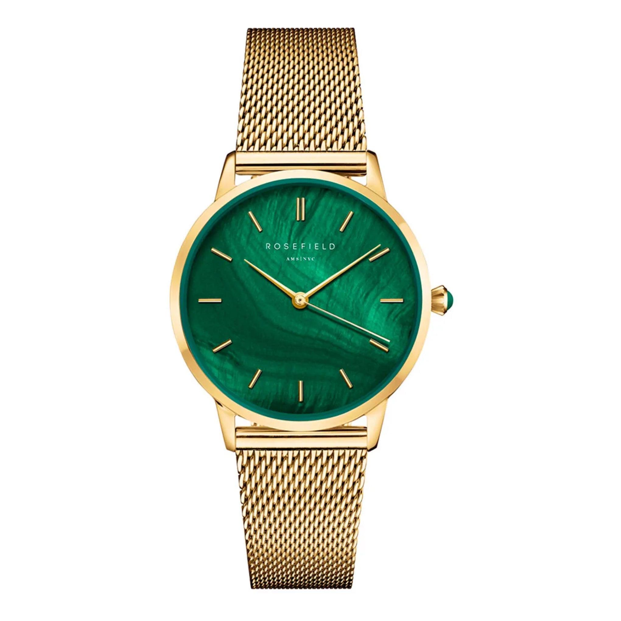 ساعة نسائية بمينا من عرق اللؤلؤ الأخضر الزمردي ذهبيةمن روزفيلد Rosefield Women's Pearl Edit Emerald Mesh Band Watch Pegmg-R10