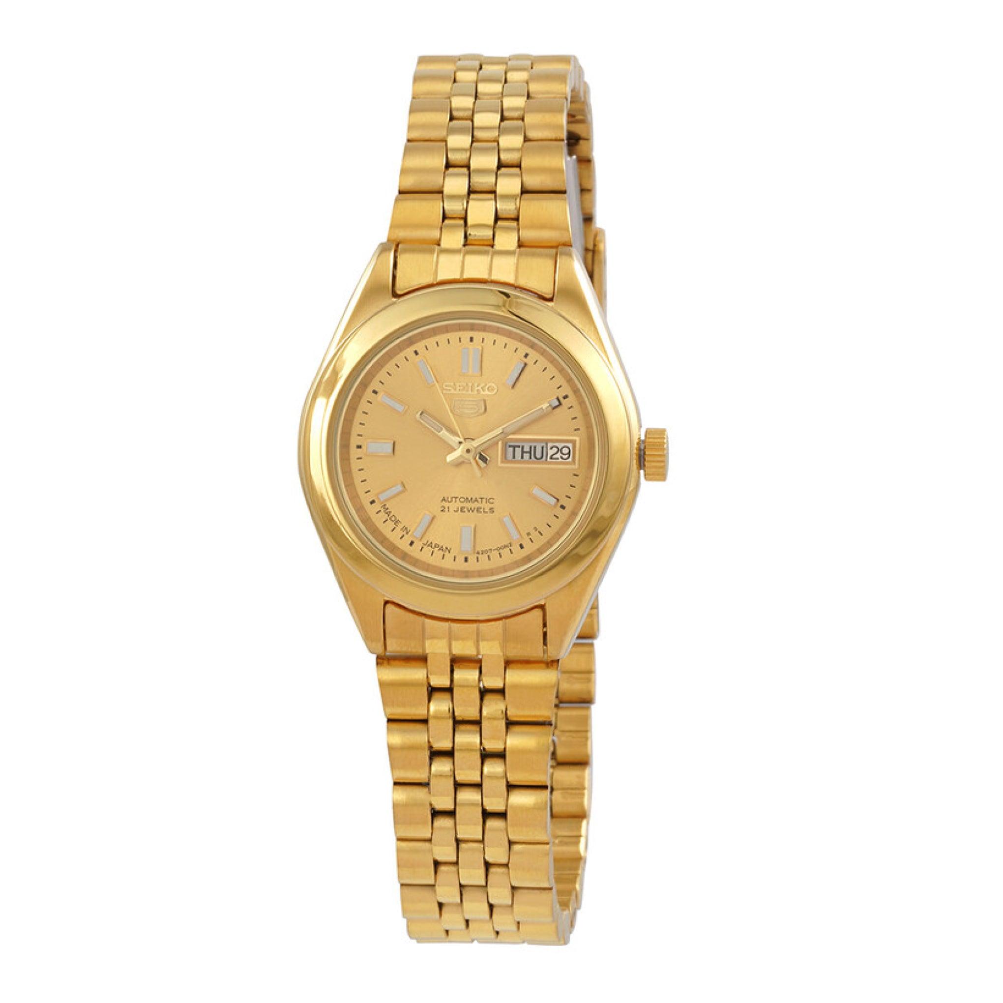 Seiko 5 Women's 21 Jewels Automatic Gold-Tone Dial Stainless Steel Watch Symg18j1