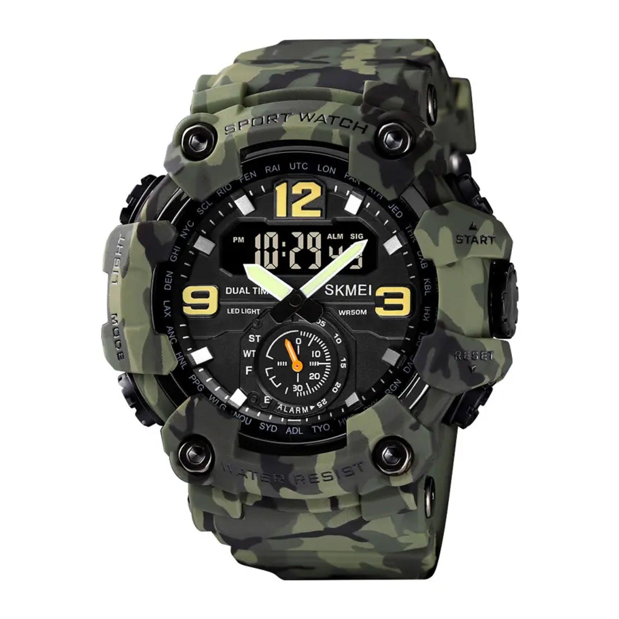 ساعة يد للرجال رقمية مزدوجة الحركة من سكيمي Skmei Men's Digital Dual Movement Army Green Camouflage Wristwatch 1637