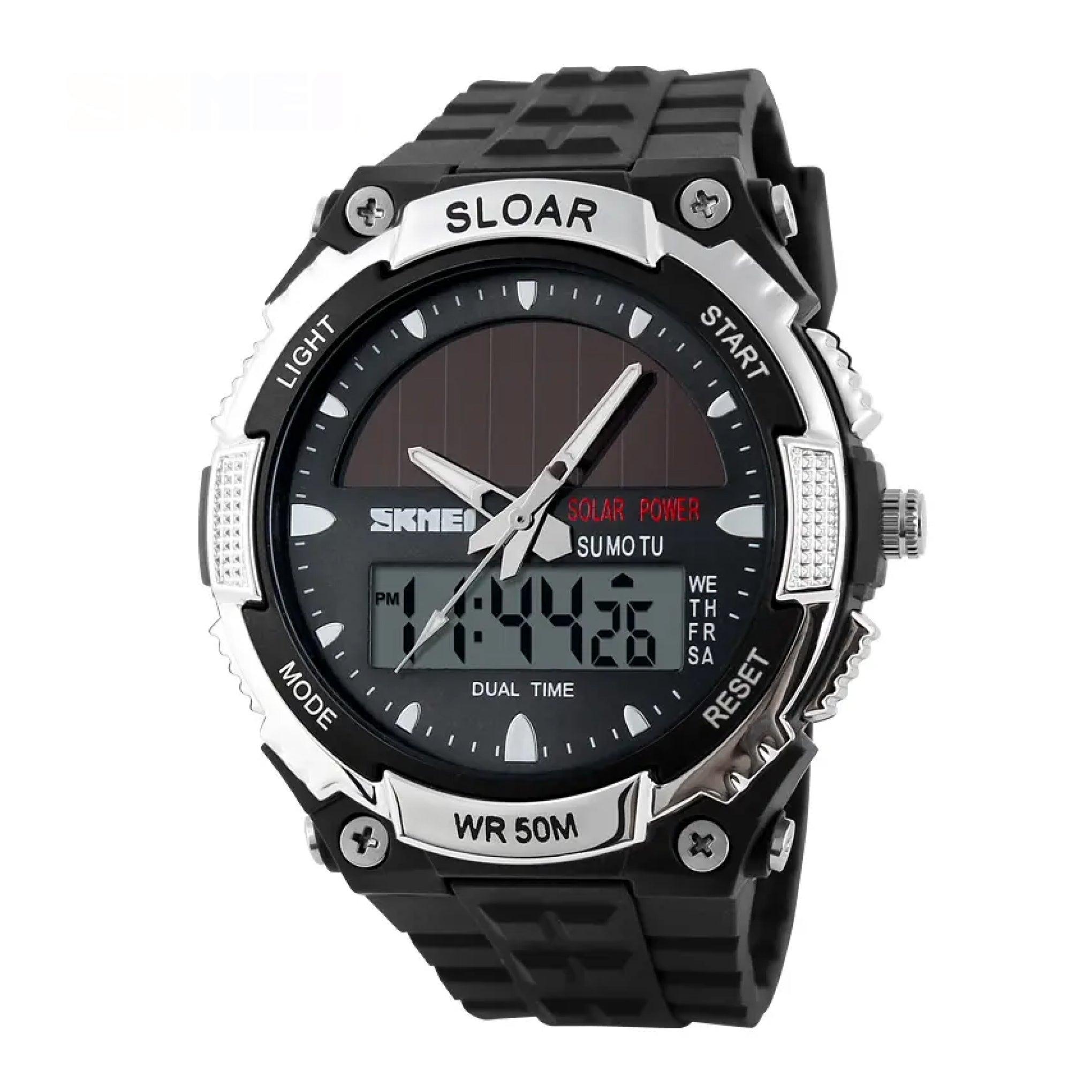 Skmei Men's Solar Power Led Analogue Digital Alarm Sport Silver Watch 1049