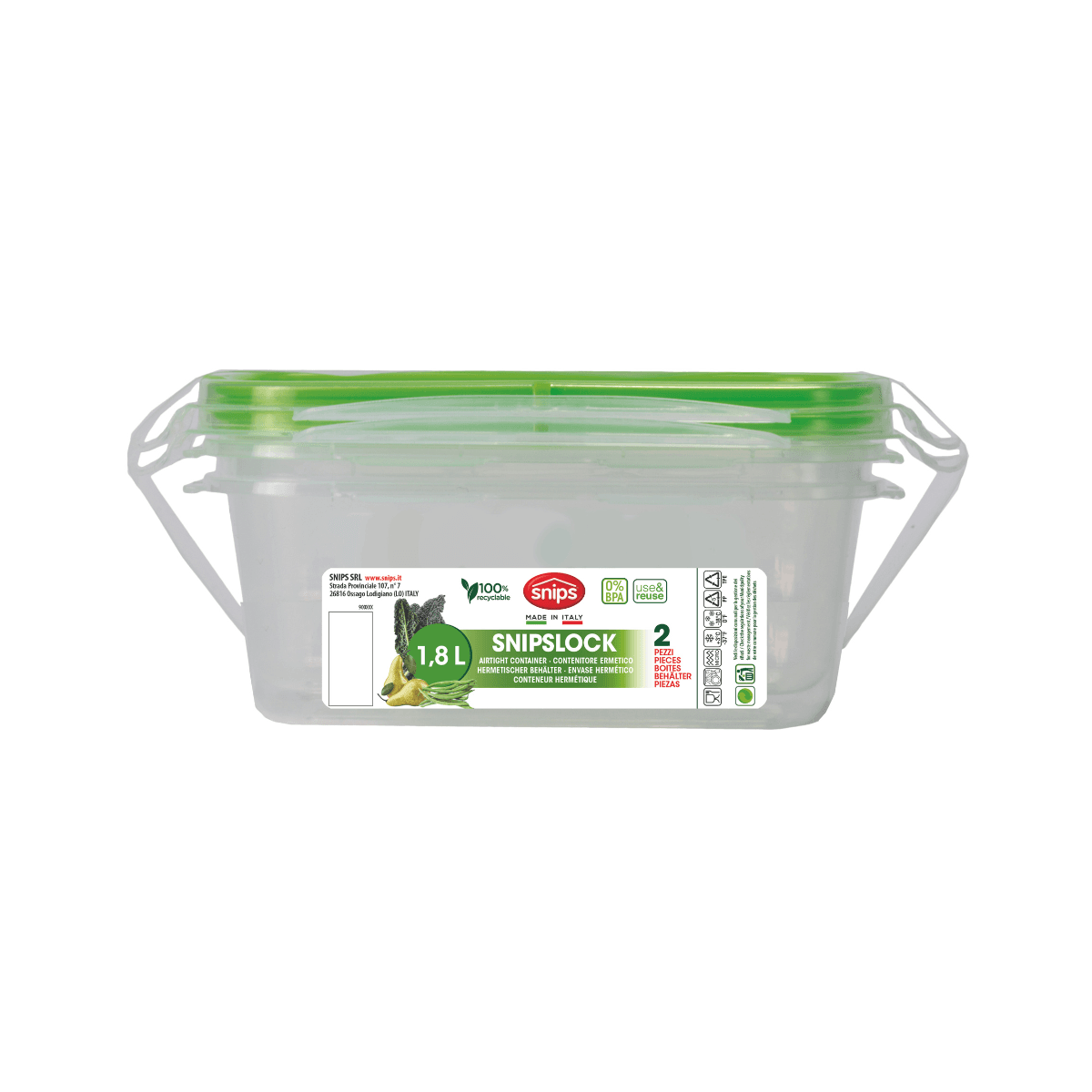 Snips 2 Pieces Snipslock Rectangular Containers 1.8 Liter Set Green Transparent PP TPE