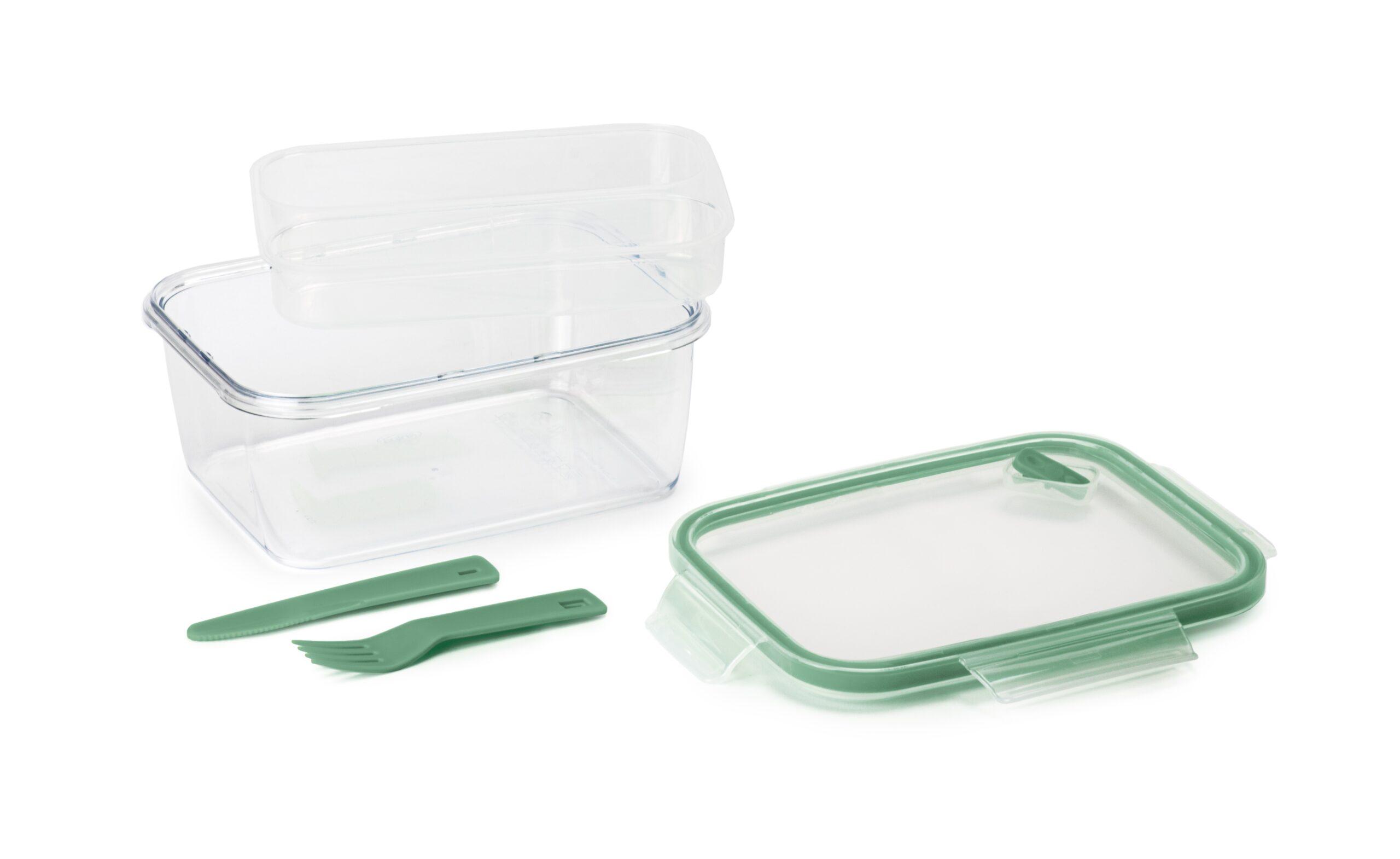 Snips Tritan Renew Airtight Rectangular Lunch Box 1.5 Liter with PP Fork & Kinfe Green Transparent PP