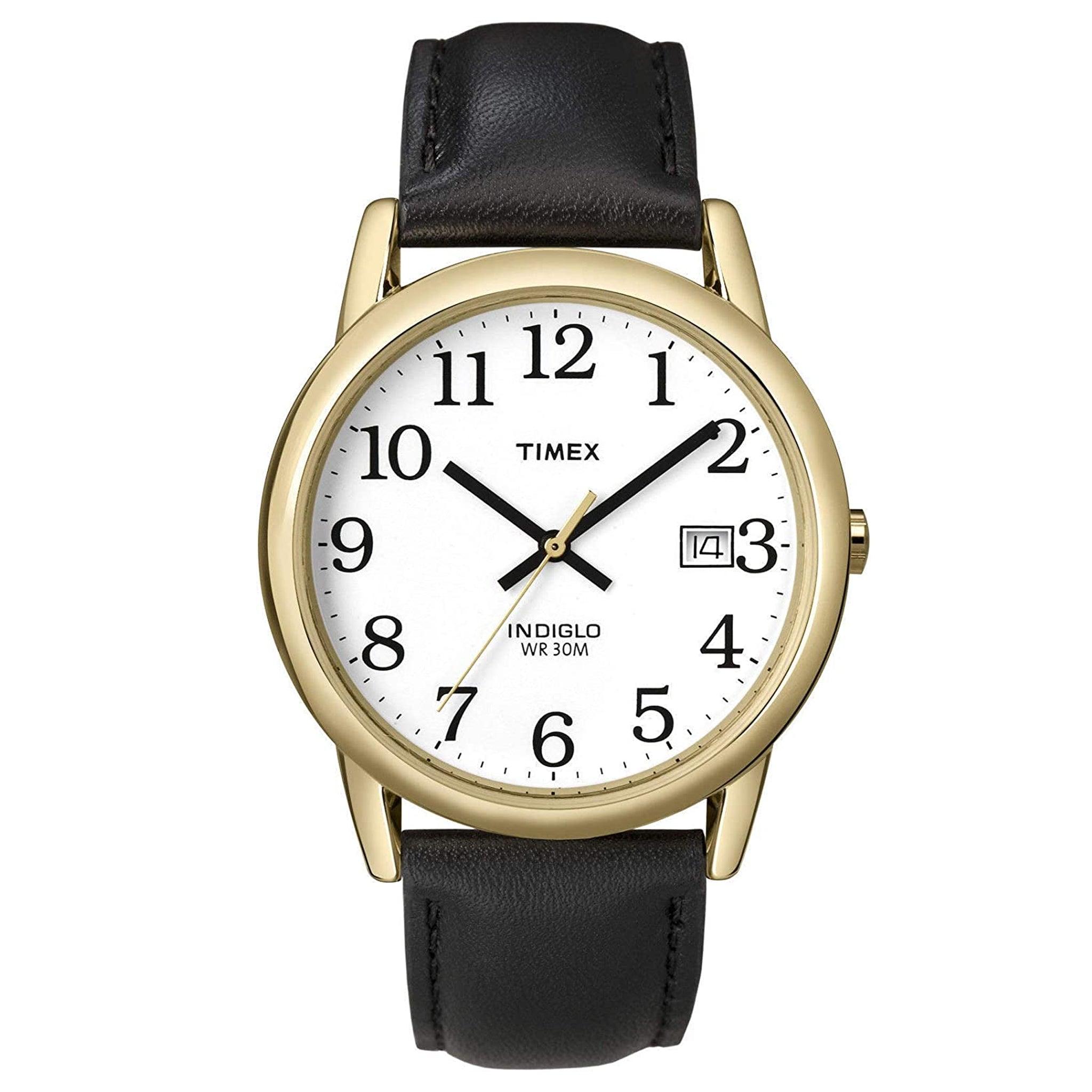 ساعة يد للرجال من تيميكس Timex T2h291 Men's Indiglo Easy Reader Gold Tone White Dial Leather Band Analog Watch