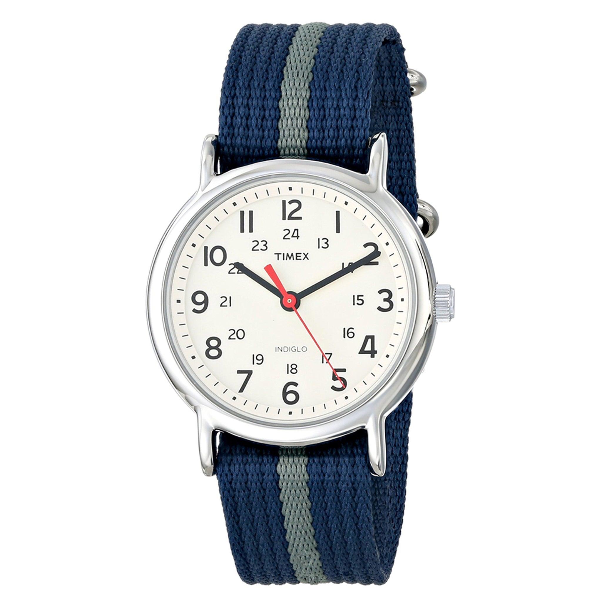 ساعة يد تايمكس للجنسين Timex T2n654 Unisex Weekender 38 Mm Watch, Blue/Grey Strap