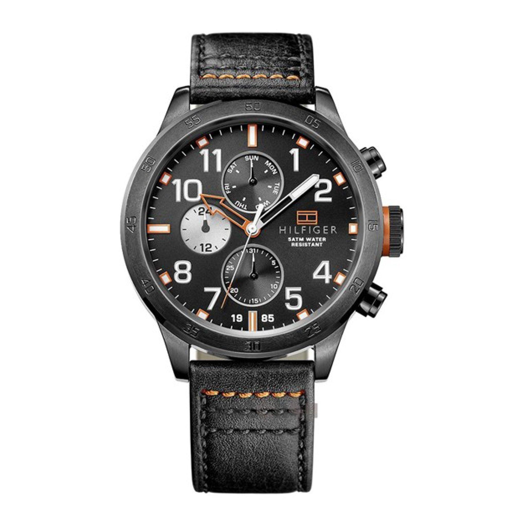 Tommy Hilfiger Men's Multi-Function Black Dial Black Leather Watch 1791136