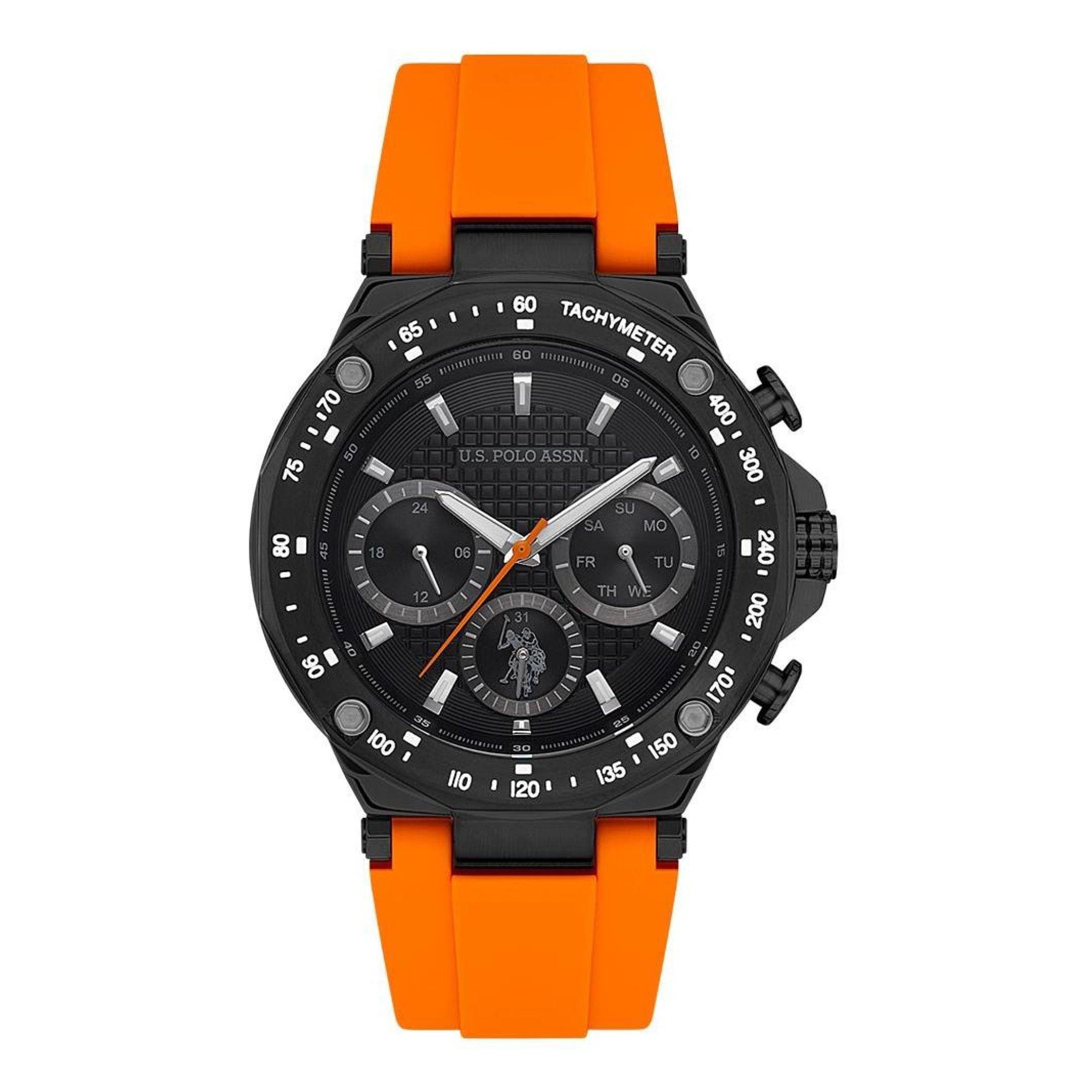 ساعة رجالية معدن بسوار سيليكون أسود يو إس بولو U.S. Polo Assn. Men's Orange Silicone Band Watch