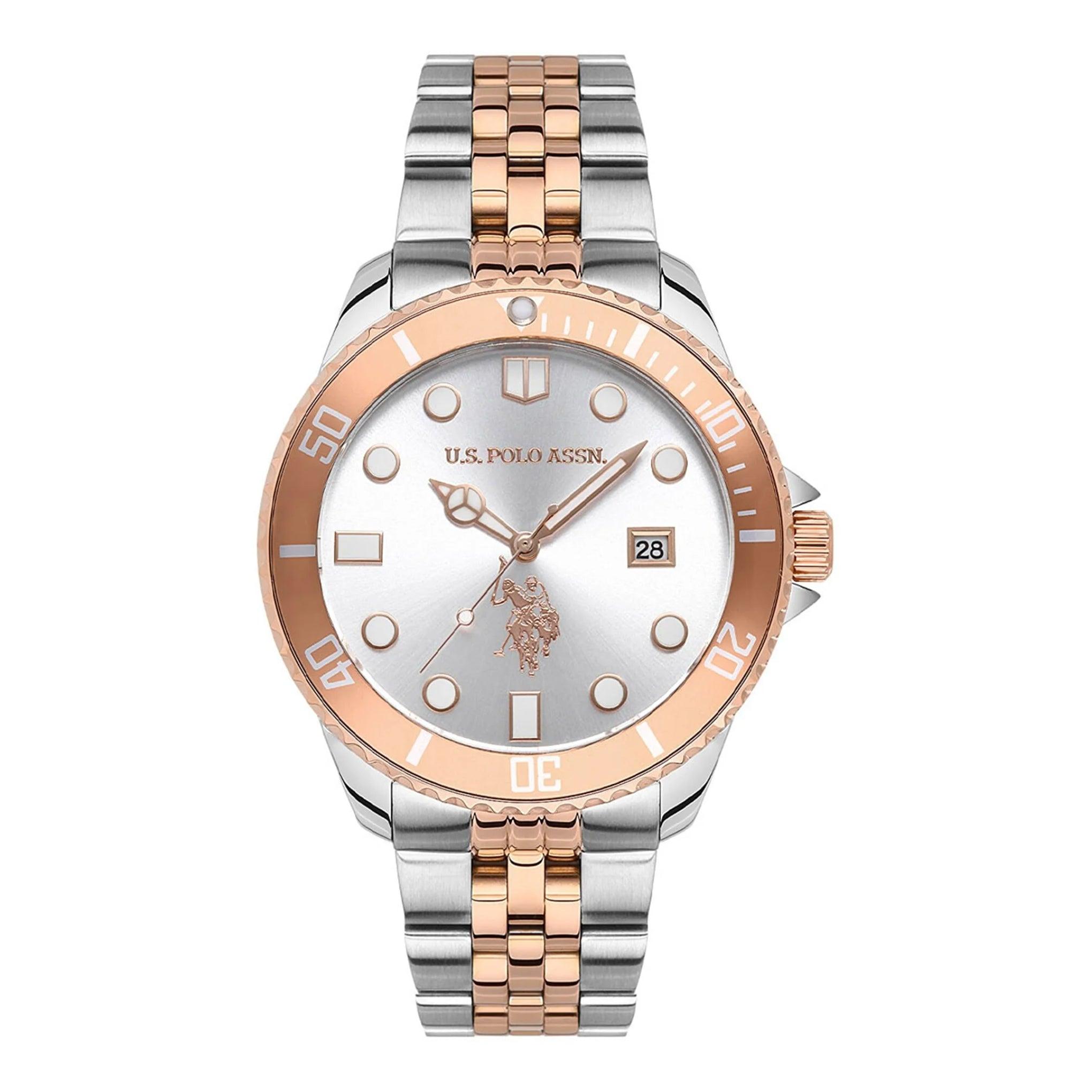 ساعة رجالية ستانلس ستيل برونزي وفضي بولو اسسن U.S. Polo Assn. Men's Silver And Rose Gold Stainless Steel Wristwatch