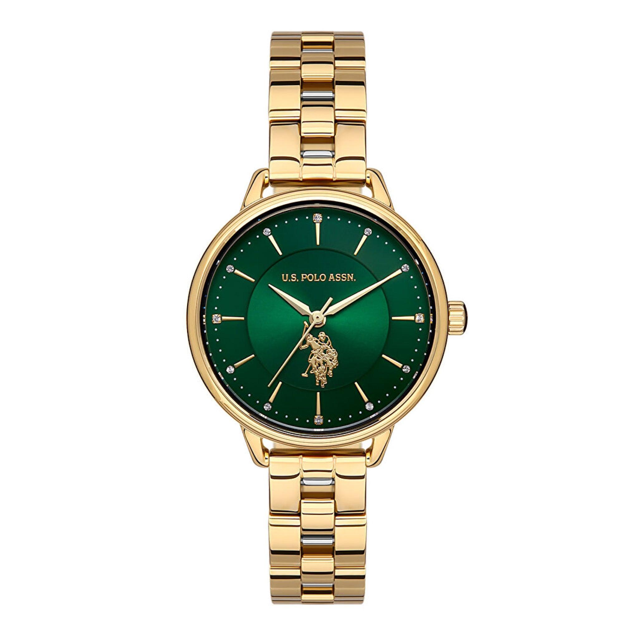 ساعة نسائية ستانلس ستيل ذهبي بولو اسسن U.S. Polo Assn. Women's Gold Gold Stainless Steel Green Dial Watch