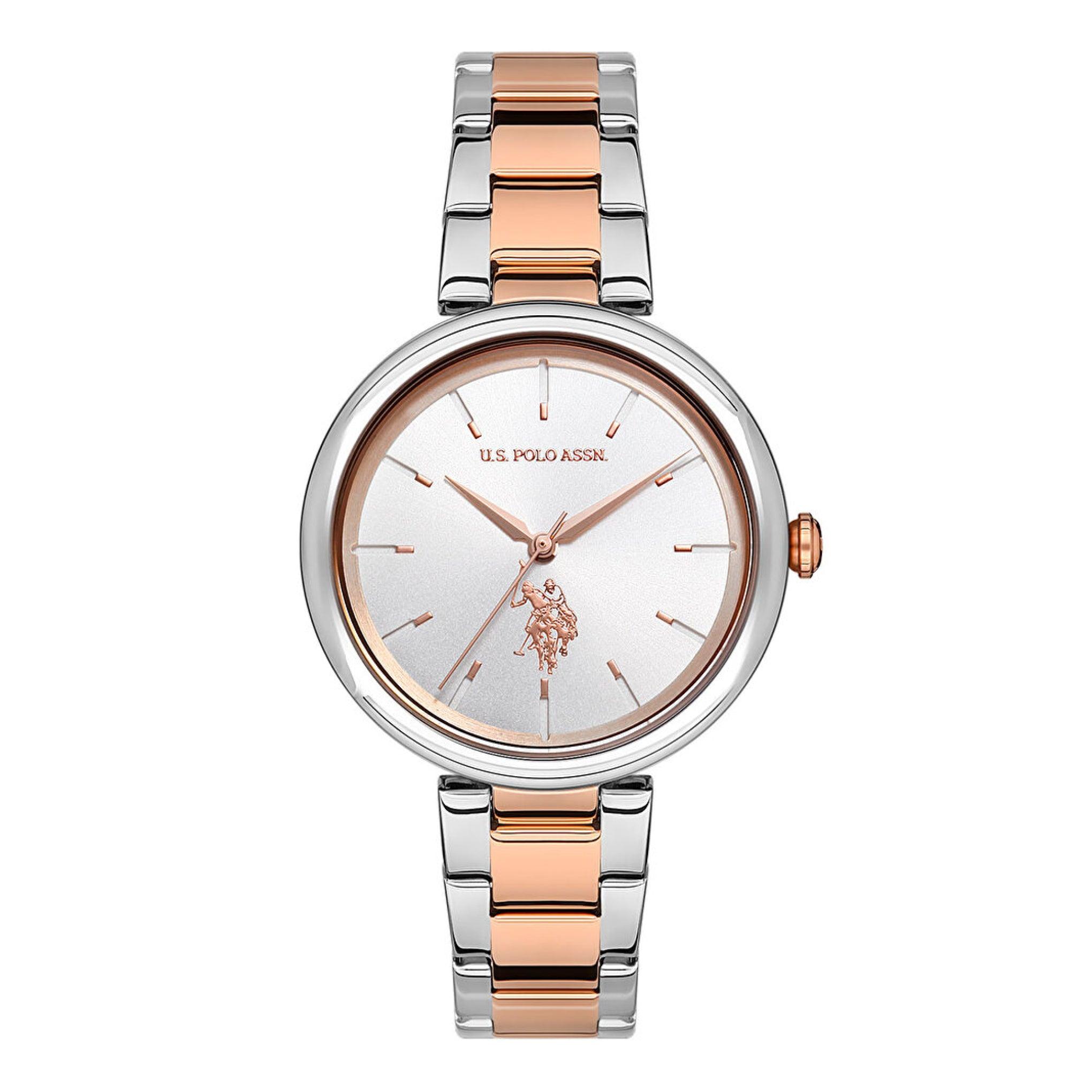 ساعة نسائية ستانلس ستيل 36 مم برونزي وفضي بولو اسسن U.S. Polo Assn. Women's Silver And Rose Gold Stainless Steel Band Watch