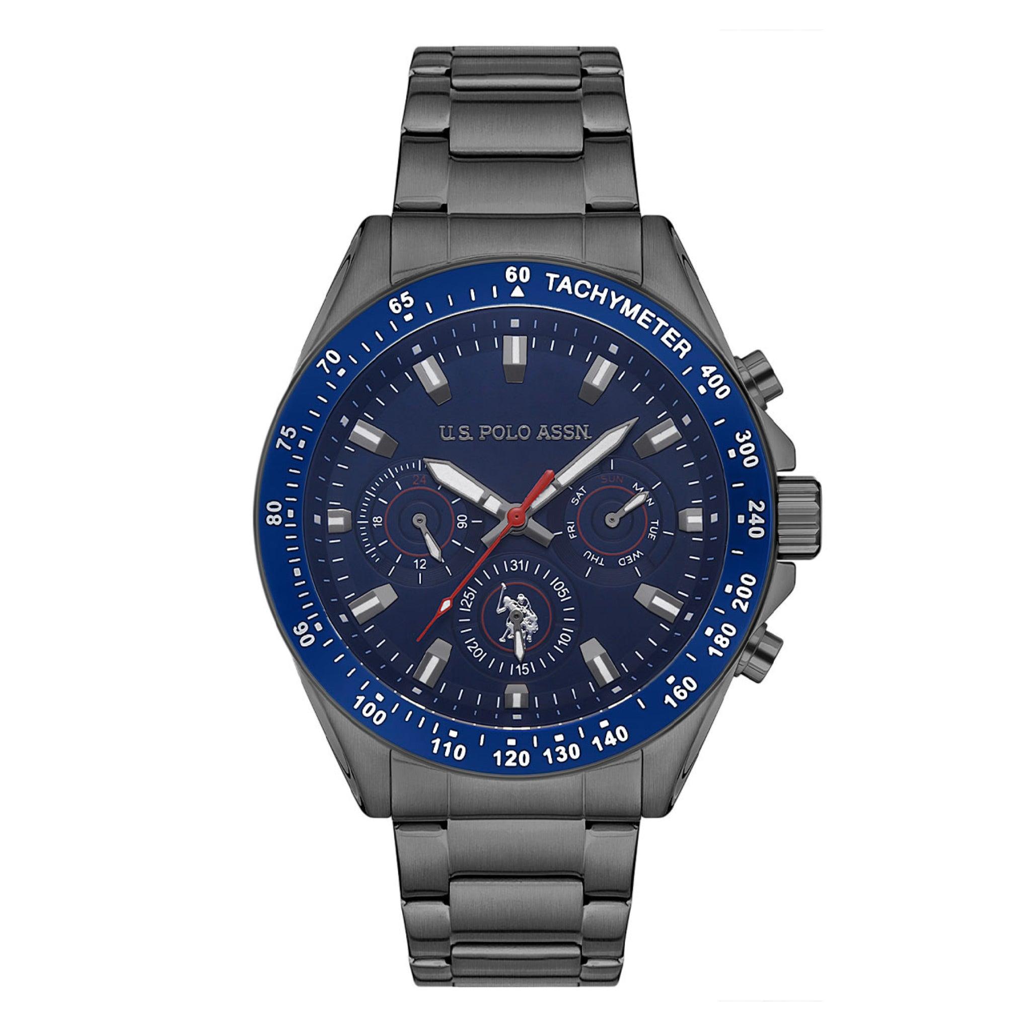 ساعة رجالية ستانلس ستيل رمادي بولو اسسن Us Polo Men's Blue Dial Stainless Steel Band Wristwatch