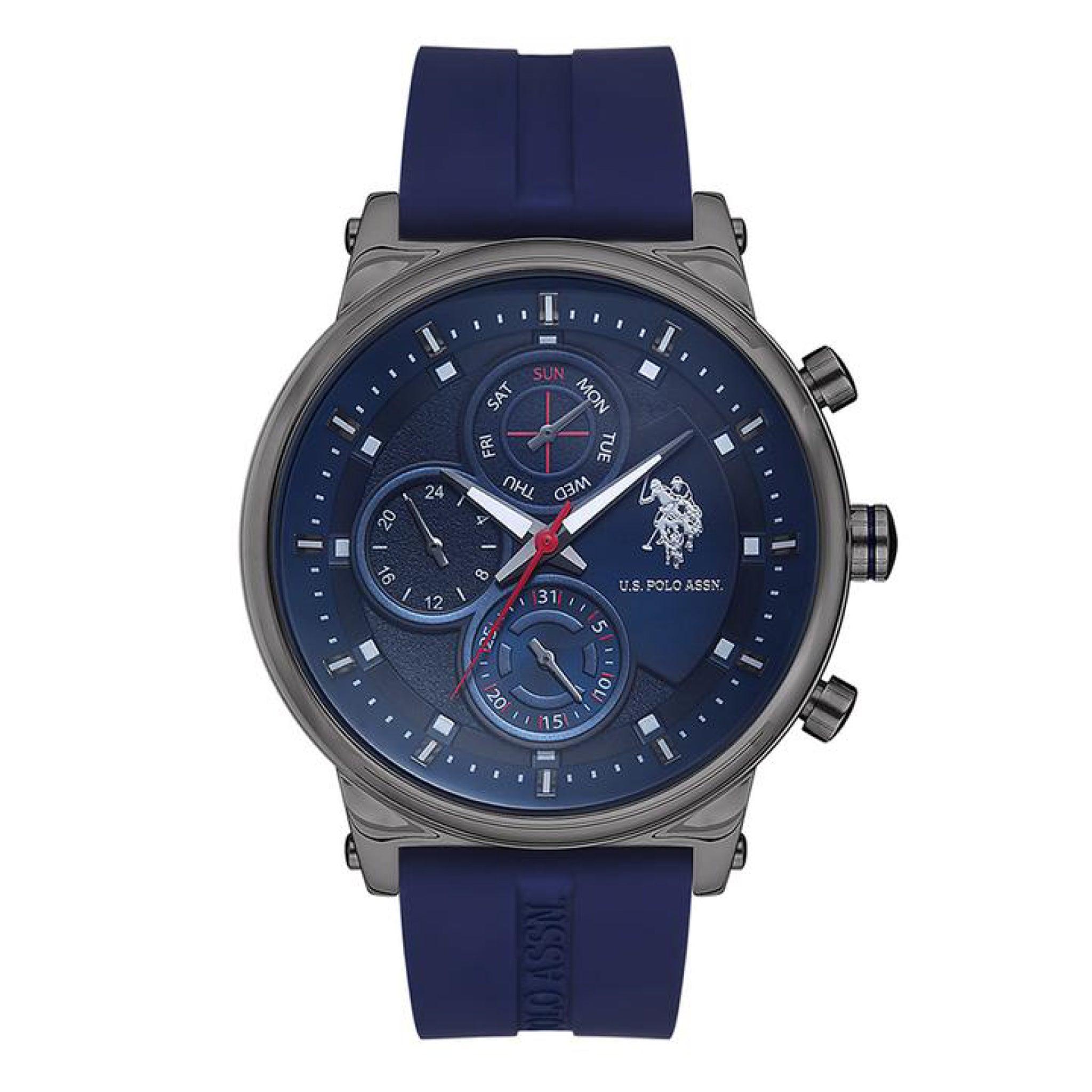 ساعة رجالية ستانلس ستيل بسوار سيليكون كحلي 46 مم يو إس أسسن Us Polo Men's Quartz Blue Silicone Band Wristwatch