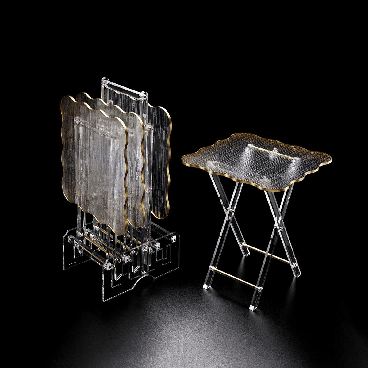 طقم طاولات قهوة متموجة من الأكريليك الشفاف مع اطار ذهبي 40 ×40 ×45 سم من ڨاج مضادة للكسر صناعة تايوان Vague Acrylic 4 Tables with Stand Set - Golder Border Gold Transparent Acrylic