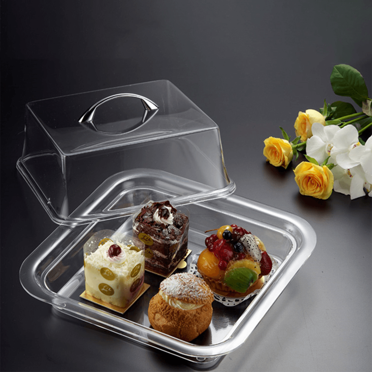 صحن تقديم الكيك اكريلك 40 سم شفاف مربع ڤاج  Vague Acrylic Cake Box Square 40 cm Transparent Acrylic