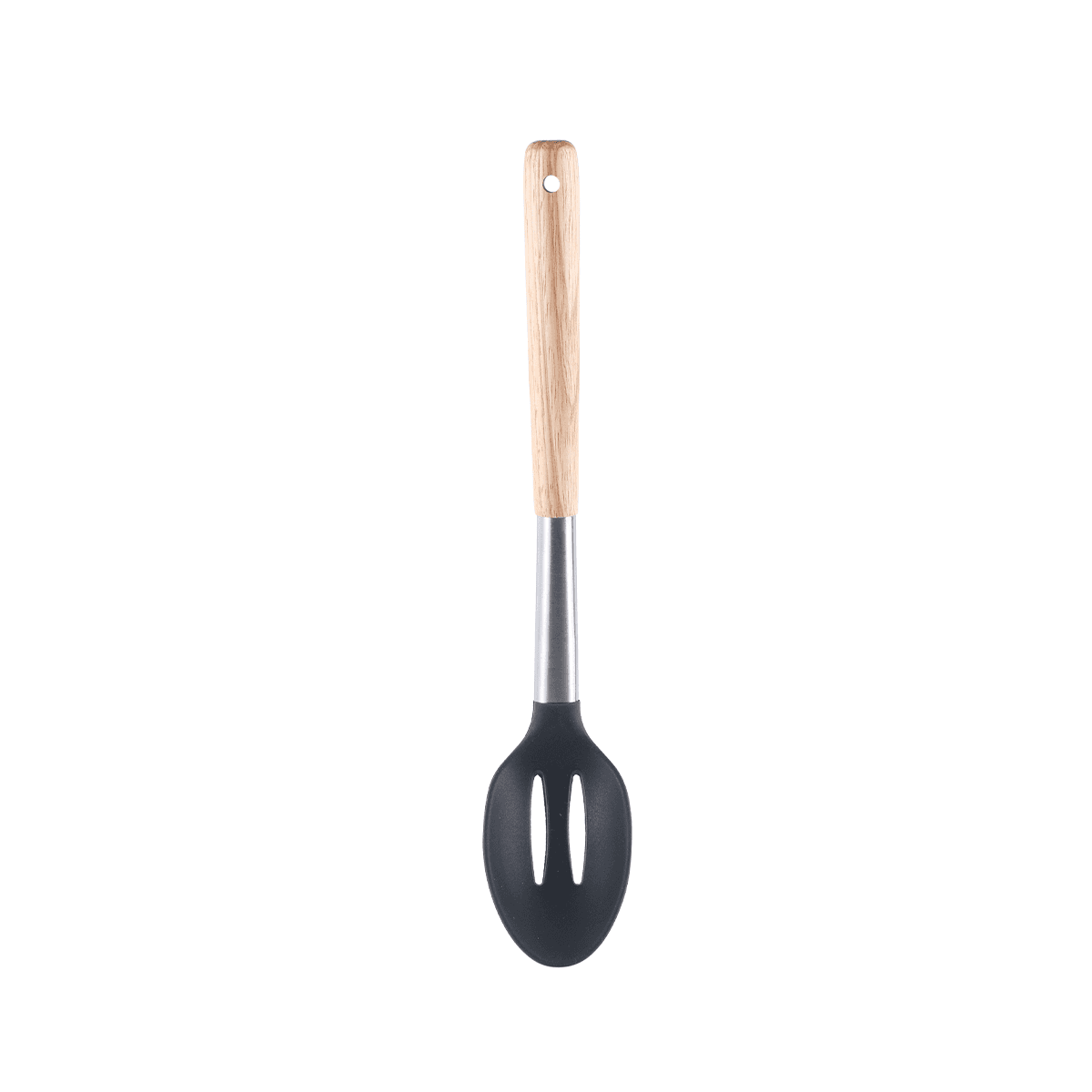 Vague Silicone Grey Silicone Slotted Spoon with Oak Wood Handle Grey