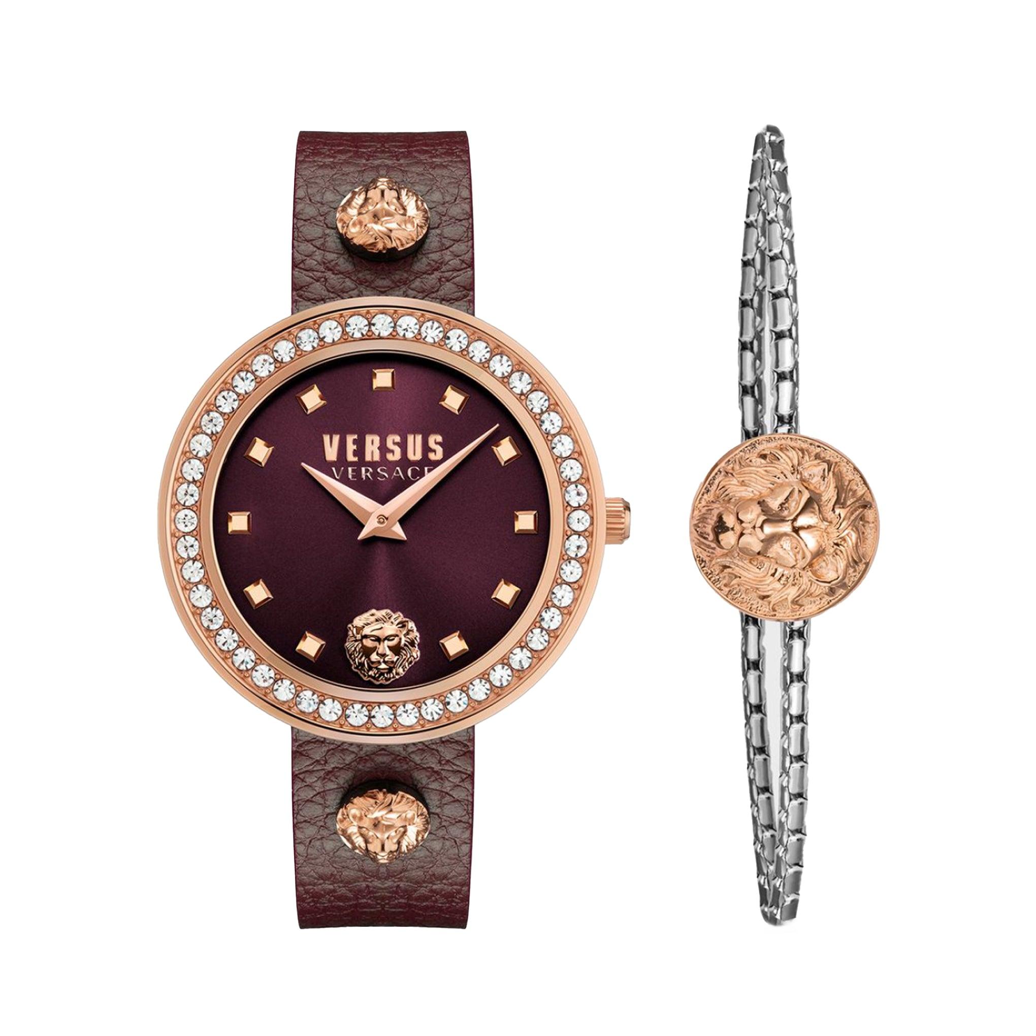 ساعة نسائية جلد خمري مع سوار فيرزاتشي Versus Versace Women's Full Bloom Analog Burgundy Leather Band Watch