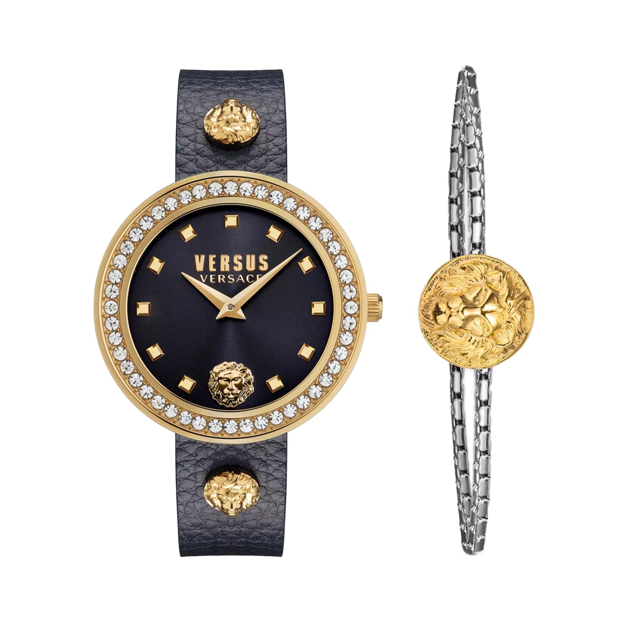 ساعة نسائية جلد 38 مم مع سوار أسود فيرزاتشي Versus Versace Women's Full Bloom Analog Watch