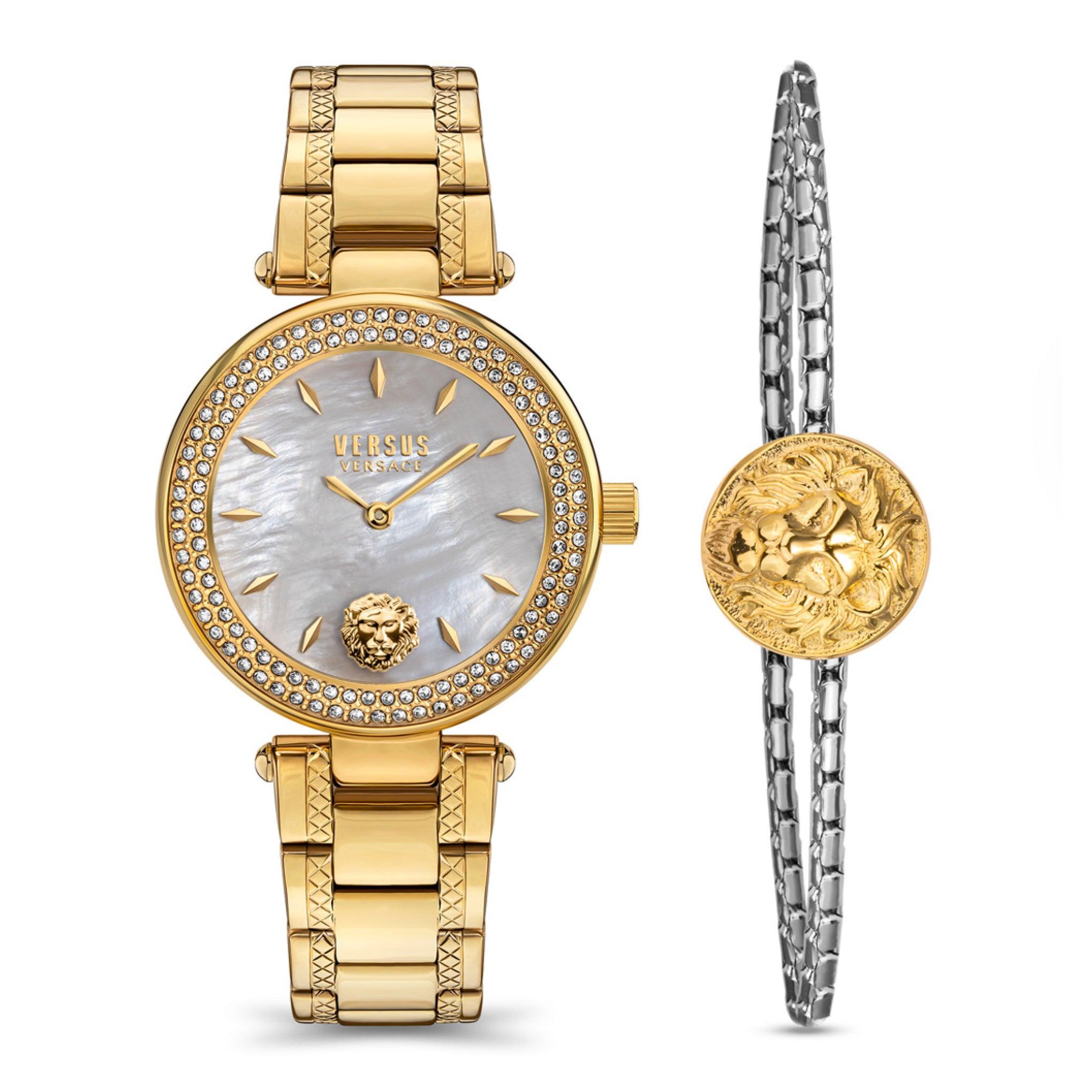 ساعة نسائية ستانلس ستيل ذهبي 36 مم مع سوار فيرزاتشي Versus Versace Women's Gold Stainless Steel Quartz Set Watch