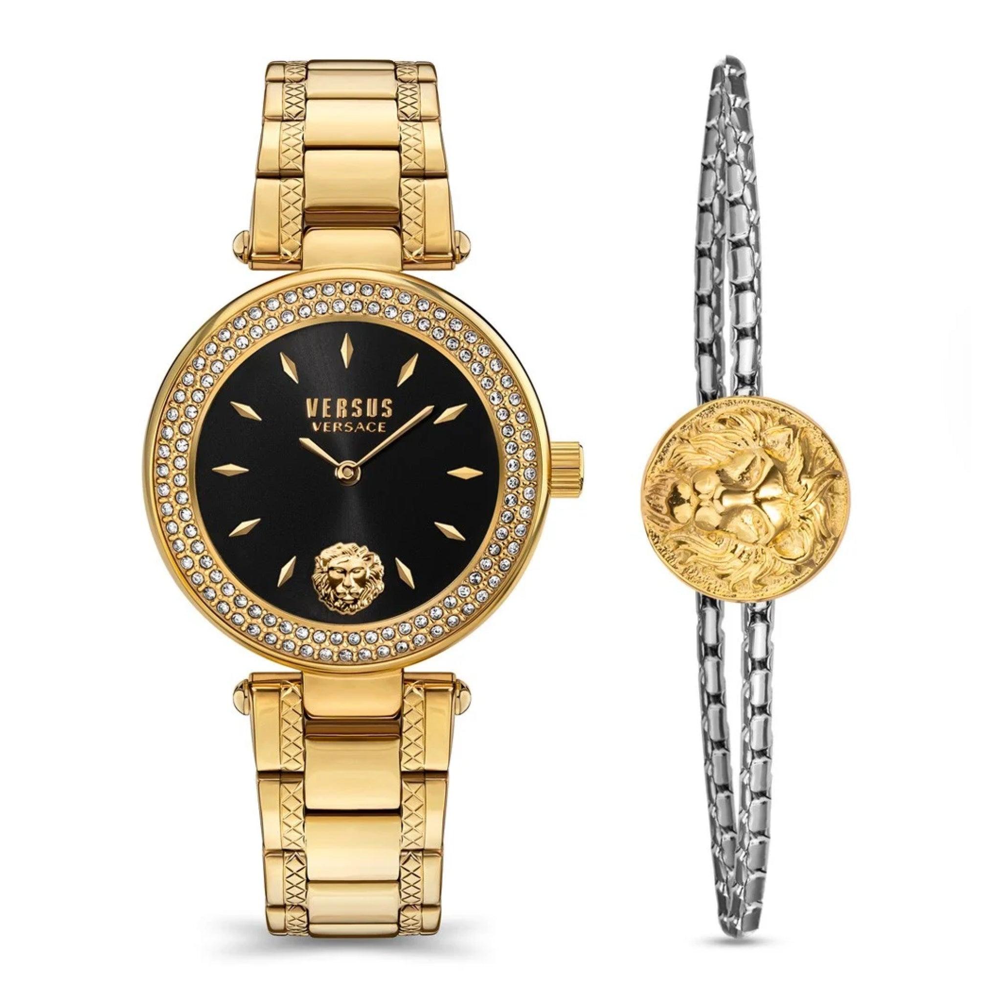 ساعة نسائية ستانلس ستيل ذهبي 36 مم مع سوار فيرزاتشي Versus Versace Women's Gold Stainless Steel Quartz Set Watch