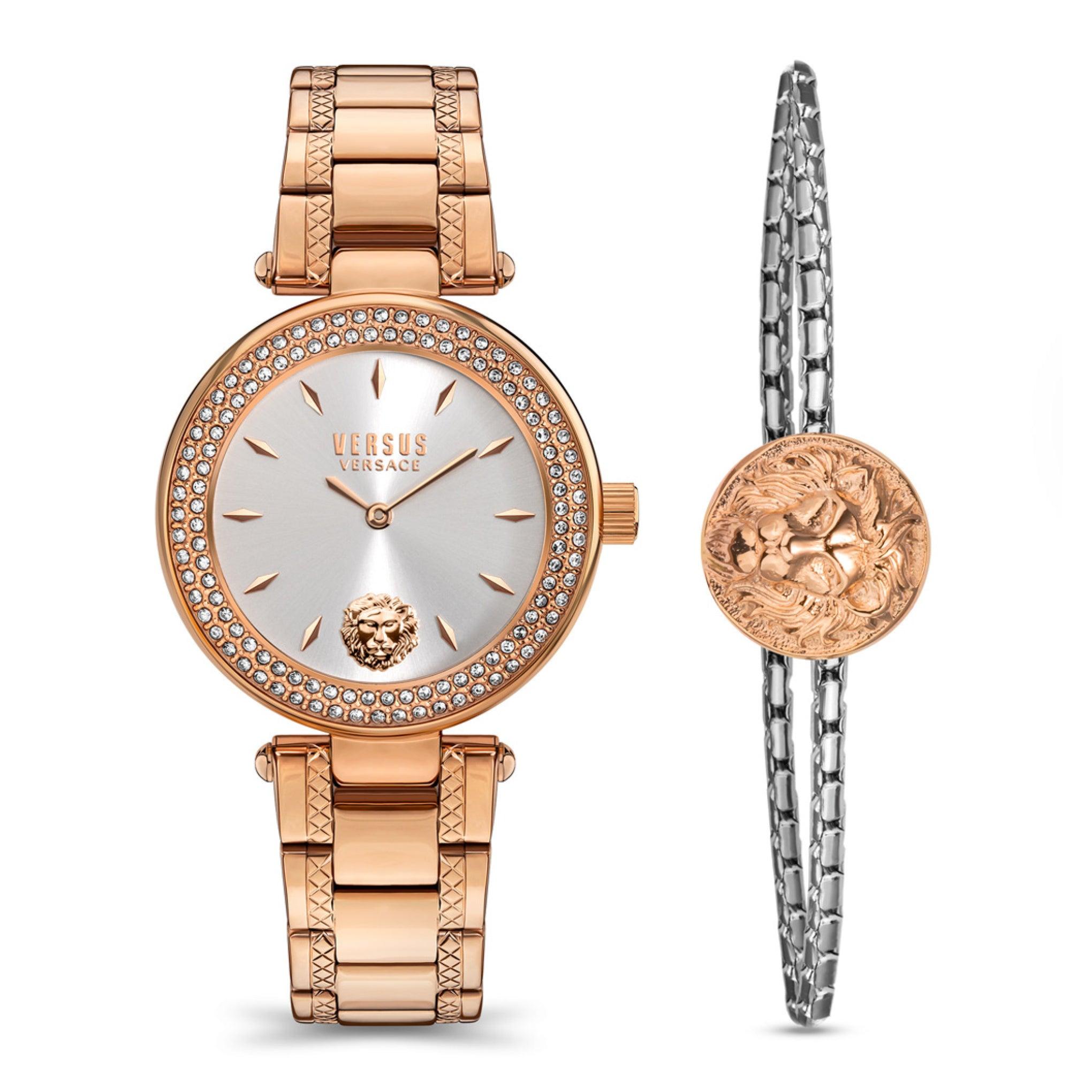 ساعة نسائية ستانلس ستيل برونزي 36 مم مع سوار فيرزاتشي Versus Versace Women's Rose Gold Stainless Steel Quartz Set Watch