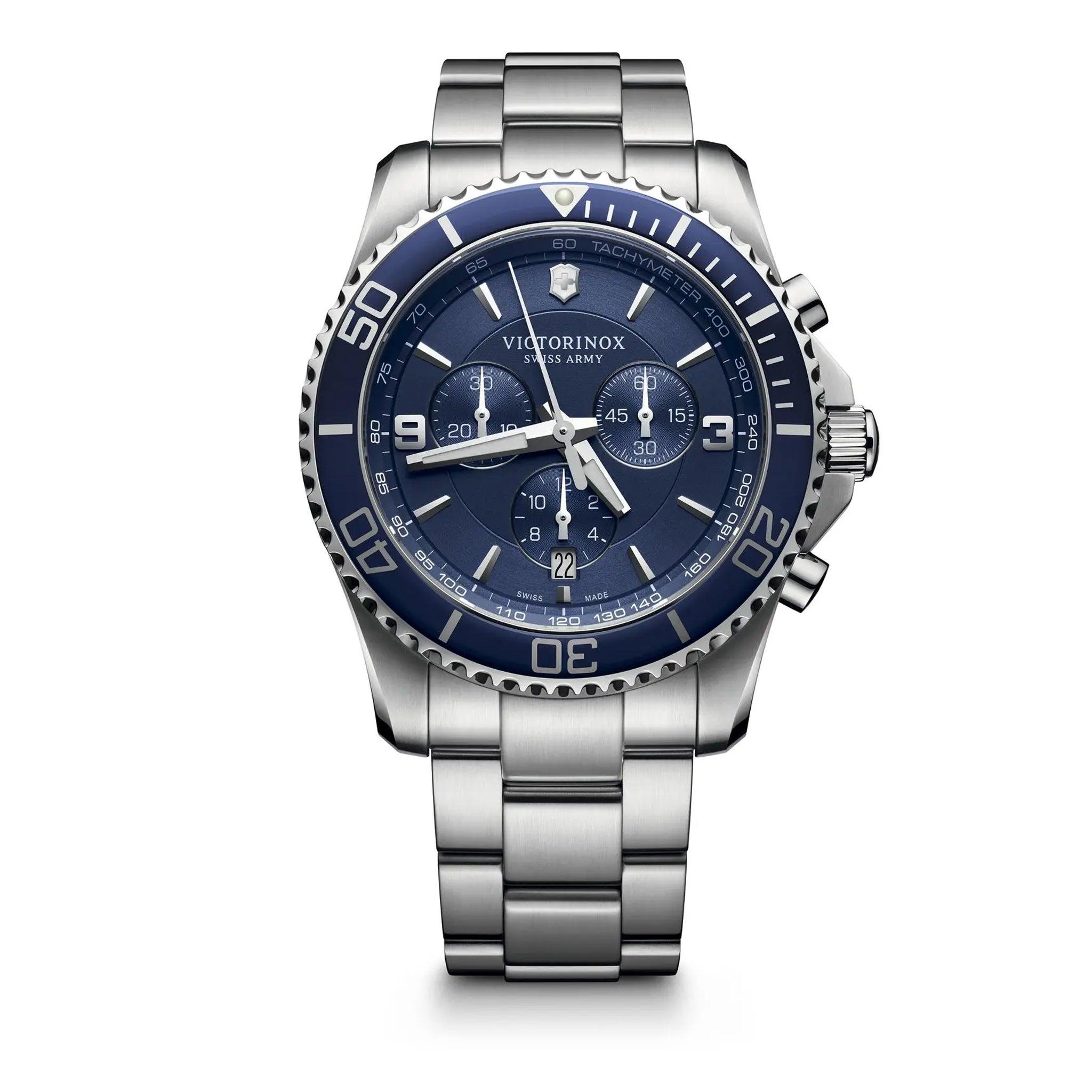 ساعة رجالية سويسرية ستانلس ستيل فضي فيكتوري نوكس Victorinox Swiss Army Men's Maverick Chronograph Watch In Blue